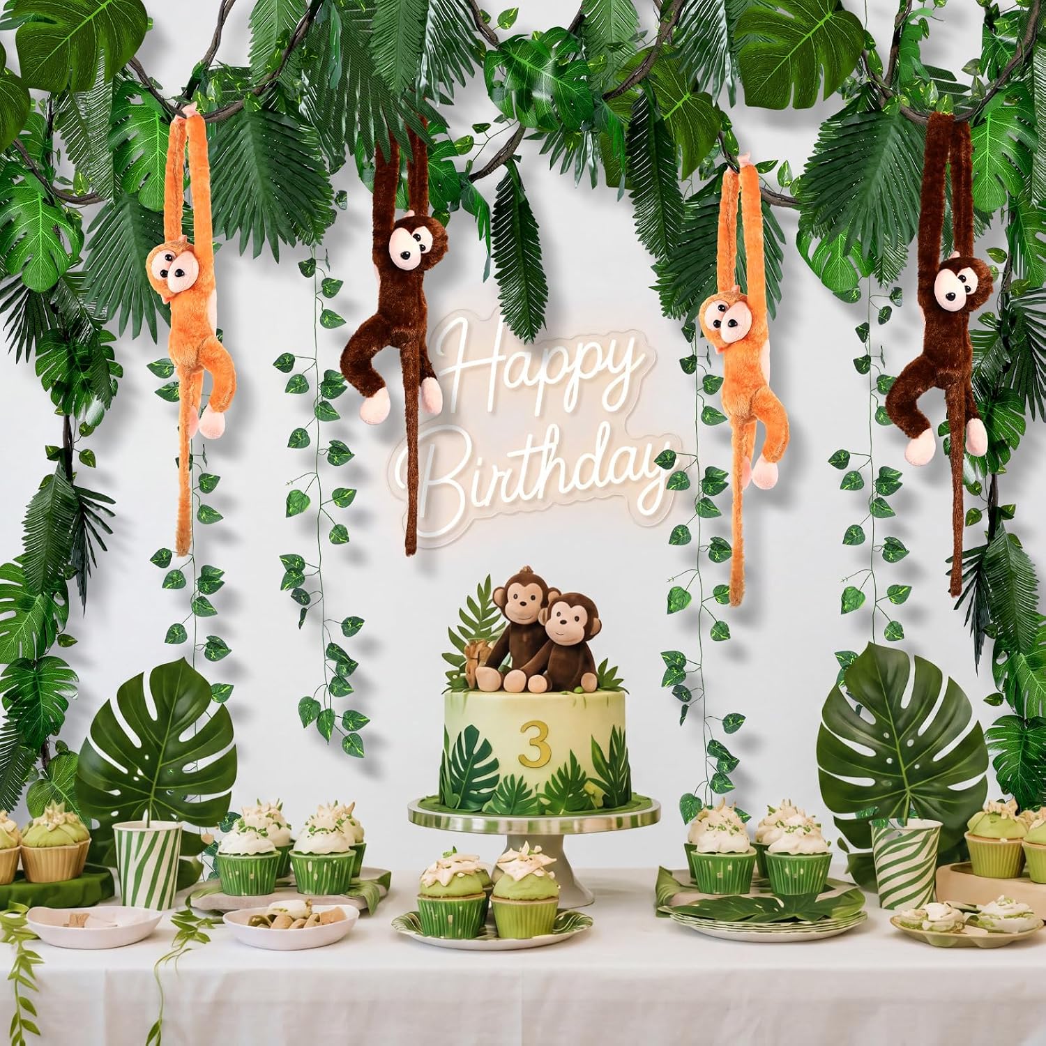 Suncalla 93 Pcs Jungle Theme Party Decoration Back to School Classroom Rainforest Safari Decor 4 Hanging Monkey Stuffed 14.4 ft Vines 20ft Artificial Rattan 60 Palm Leaf for Classroom Decor (20ft)