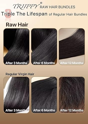 Miniatura 6 de TRIIPPY Paquetes de cabello humano lacio, 100% cabello camboyano sin procesar, 3 paquetes de 14, 14, 14, 14 pulgadas, triple la vida útil sobre el