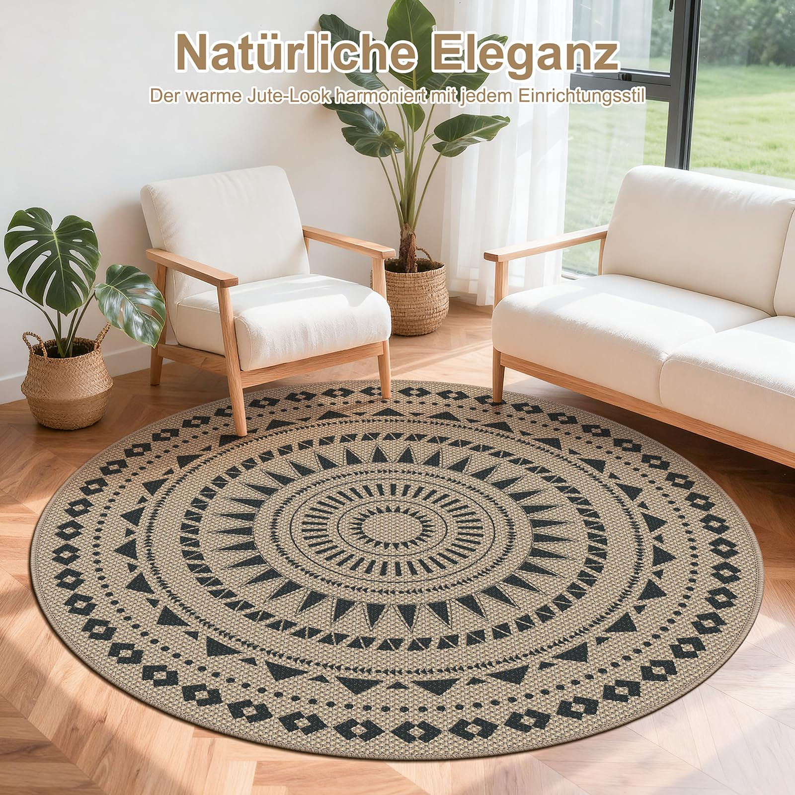 Alfombra Redonda de 160 cm de diámetro, Aspecto de Yute, Alfombra Antideslizante, Alfombra Lavable, empaque Plegable, Alfombra Redonda para Dormitorio, Sala de Estar y balcón