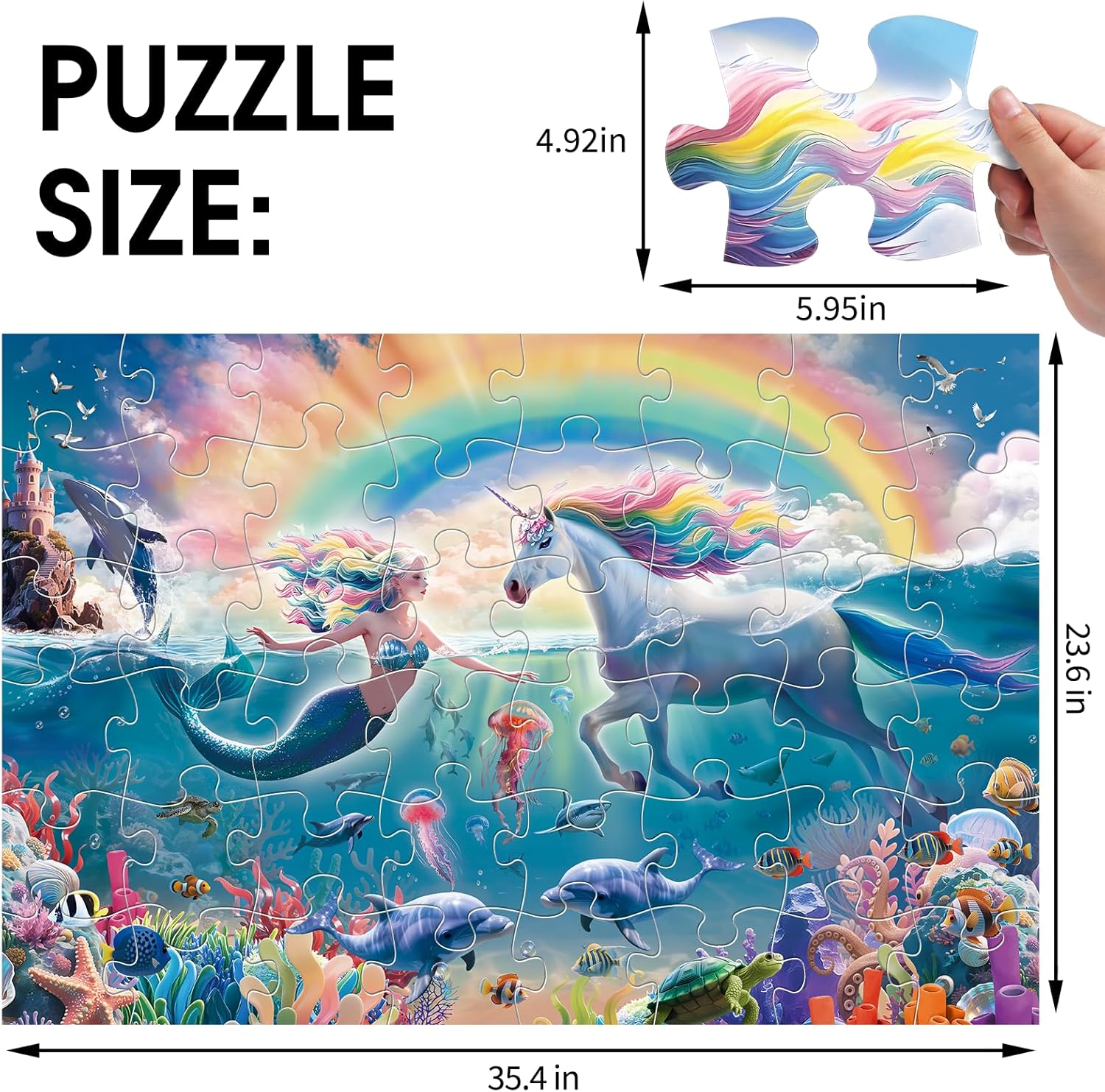 Jumbo Floor Puzzle for Kids Ages 4-8, 48-Piece Unicorn and Mermaid Underwater Jigsaw Puzzle, Large Educational Toys for Toddler Girls and Boys, Easter Gift for 3-5 Year Olds