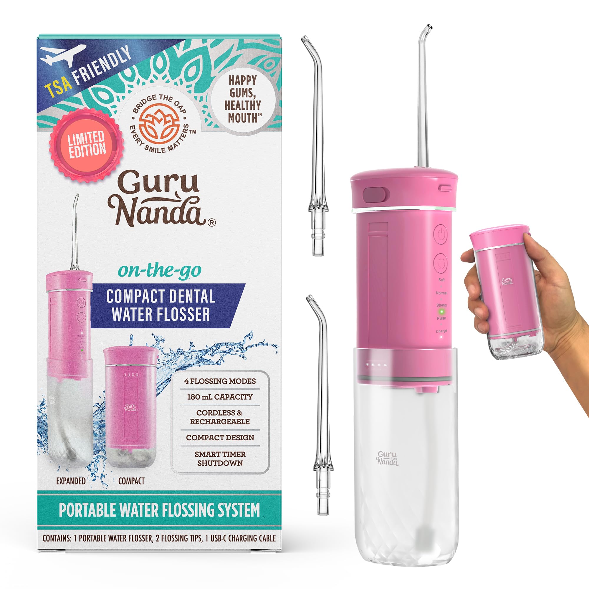 GuruNanda Valentine's Day Special Compact Water Dental Flosser, Portable Travel Size Oral Irrigator Flosser with Collapsible 180 ml Tank, Smart Timer, 4 Flossing Modes, TSA-Friendly - Pink-image-19