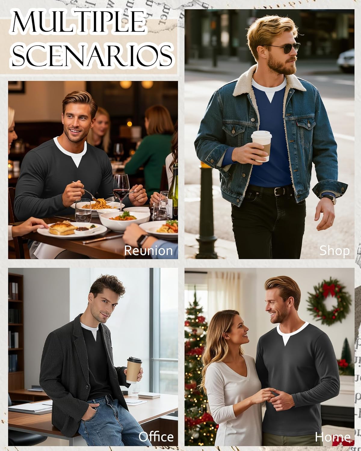 3 Pack Men's Long Sleeve Thermal Shirts V Neck Fleece Lined Tops Base Layer Undershirt Casual Pullover Sweater - Image 2