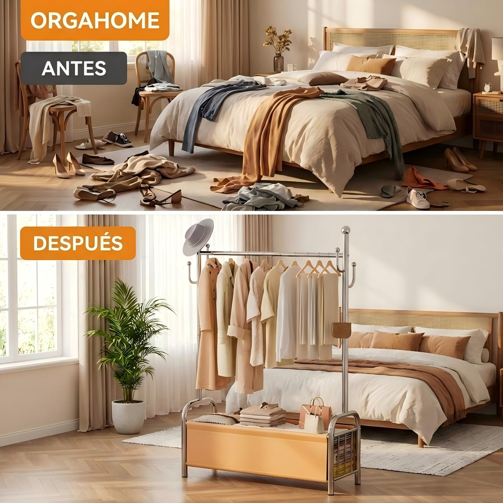 Burro Ropa Resistente de Acero Inoxidable con Cesta de Almacenaje, Perchero Burro Estable, Perchero de Pie, Barra para Ropa Robusta, 3 en 1 Tendedero y Organizador