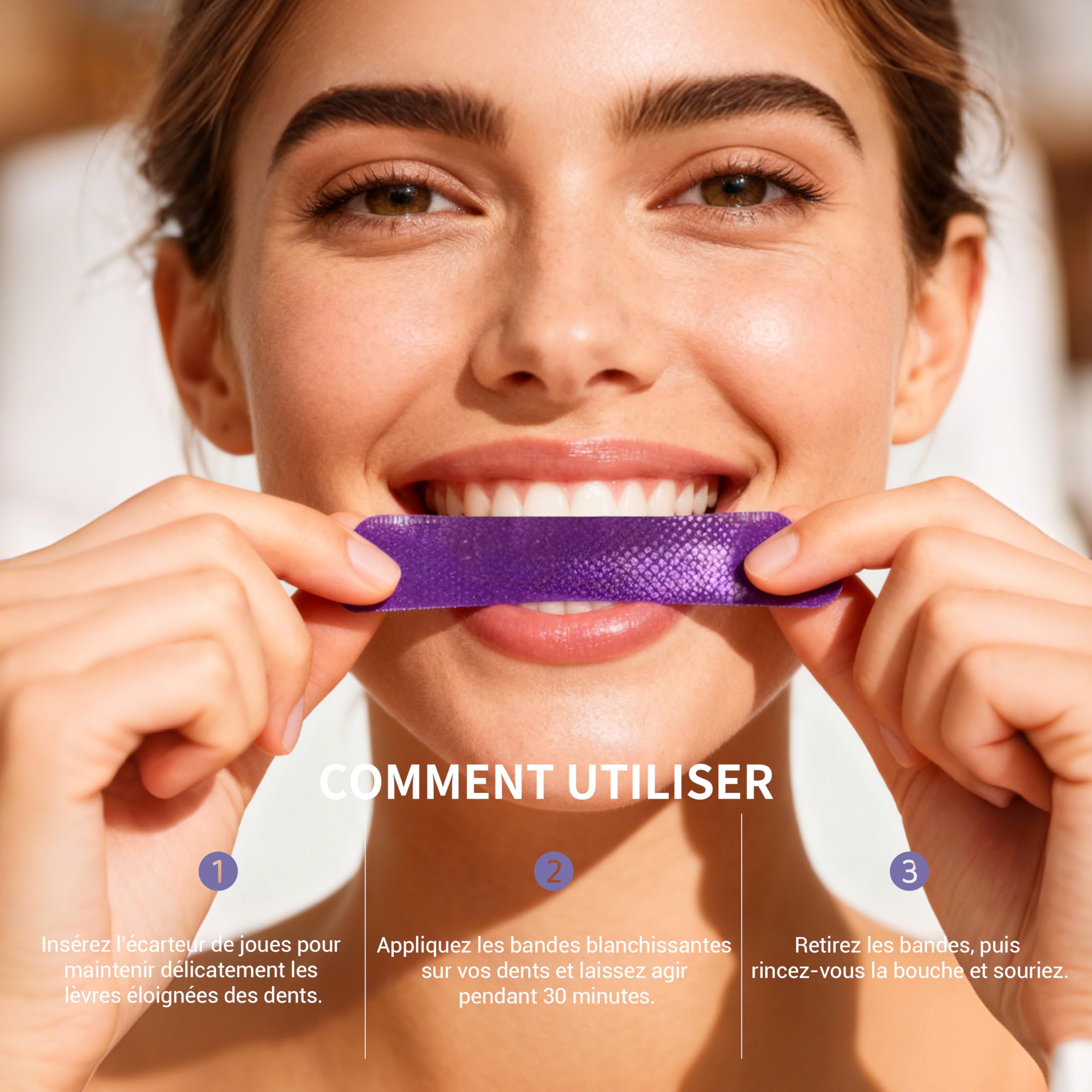 Bandes blanchissantes violettes pour les dents - PAP + nHAP - Technologie violette correctrice - 42 bandes (21 utilisations) - Adaptées aux dents sensibles