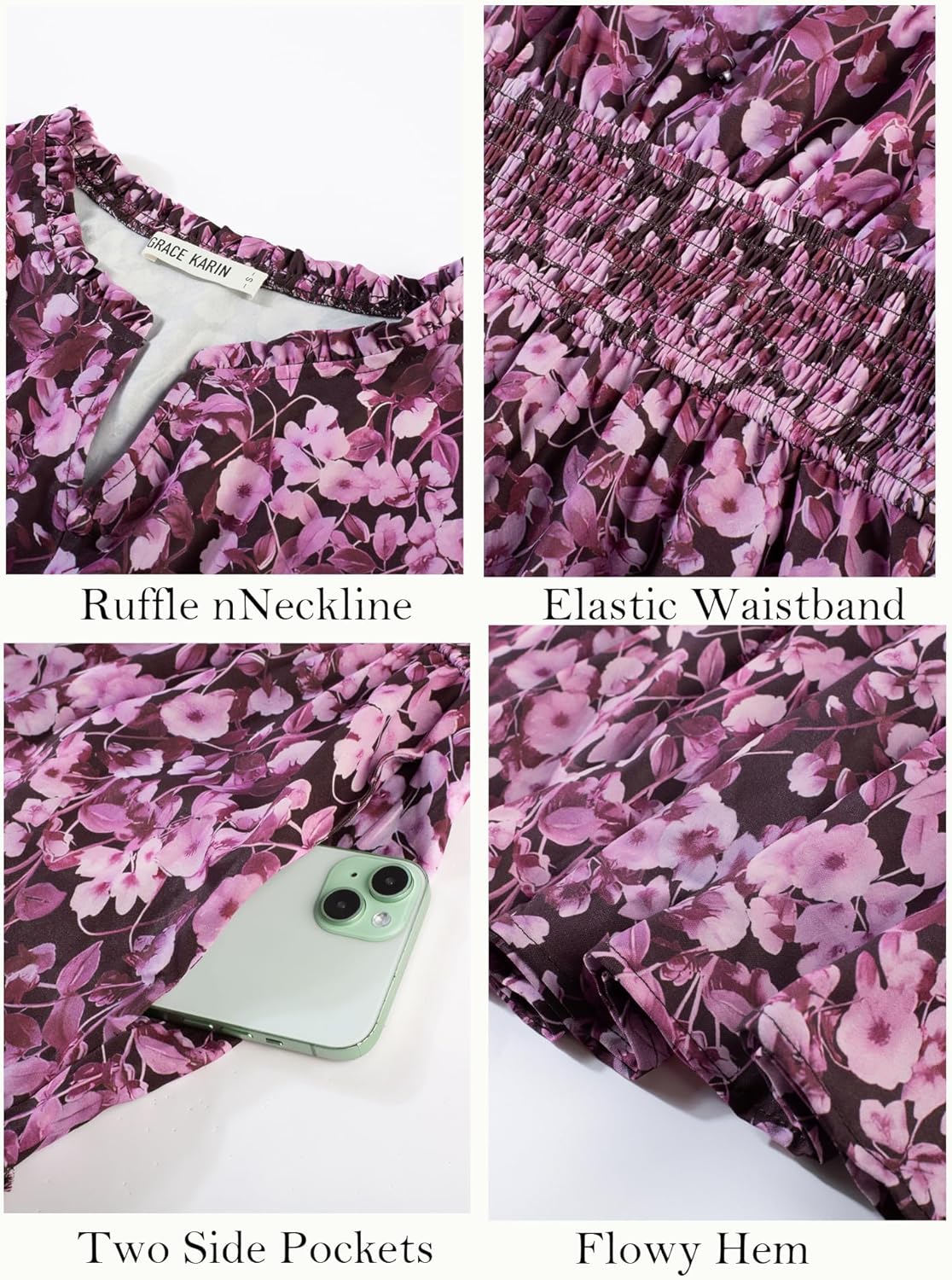 Women Long Sleeve Midi Dress, Boho Floral Casual Flowy A Line Dresses, Spring Elegant Classy Dress with Pocket - Image 4