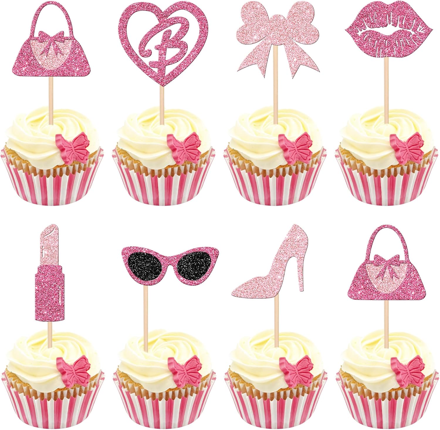 24 PCS Princess Cupcake Toppers Glitter Pink Girl Cupcake Picks Handbag ...