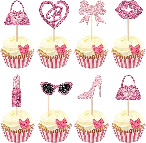 Miniatura 8 de 24 piezas de adornos de princesa para cupcakes con purpurina rosa para niñas, bolsos, lentes, lazo, lápiz labial, corbata de tacón alto,