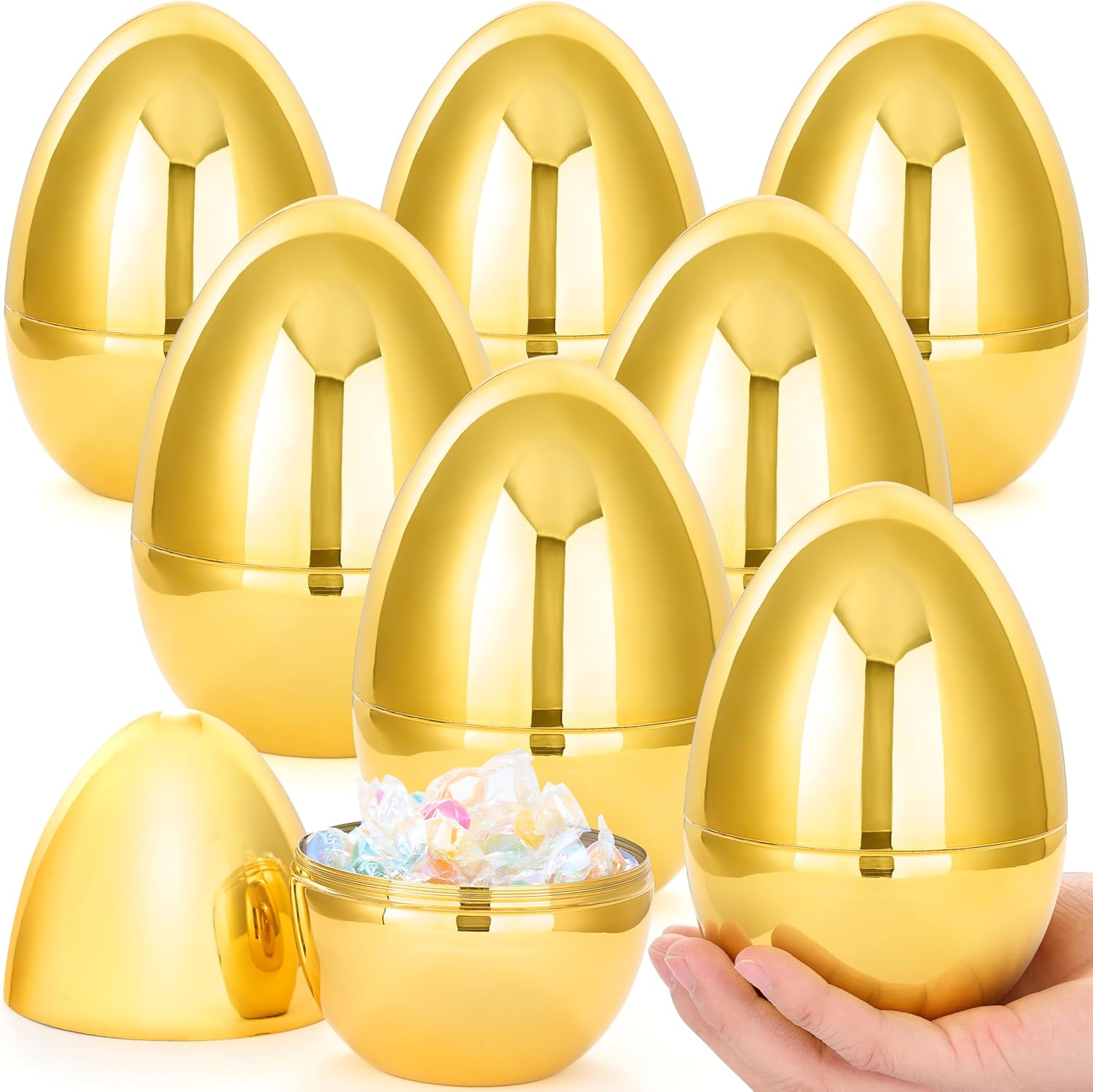 JOYIN 6 Pcs Large Gold Easter Eggs, 6 Inches Metallic Jumbo Plastic Eggs Fillable for Easter Themed Hunt Basket Stuffers Fillers Filling Treats Party Favor Classroom Prize Supplies