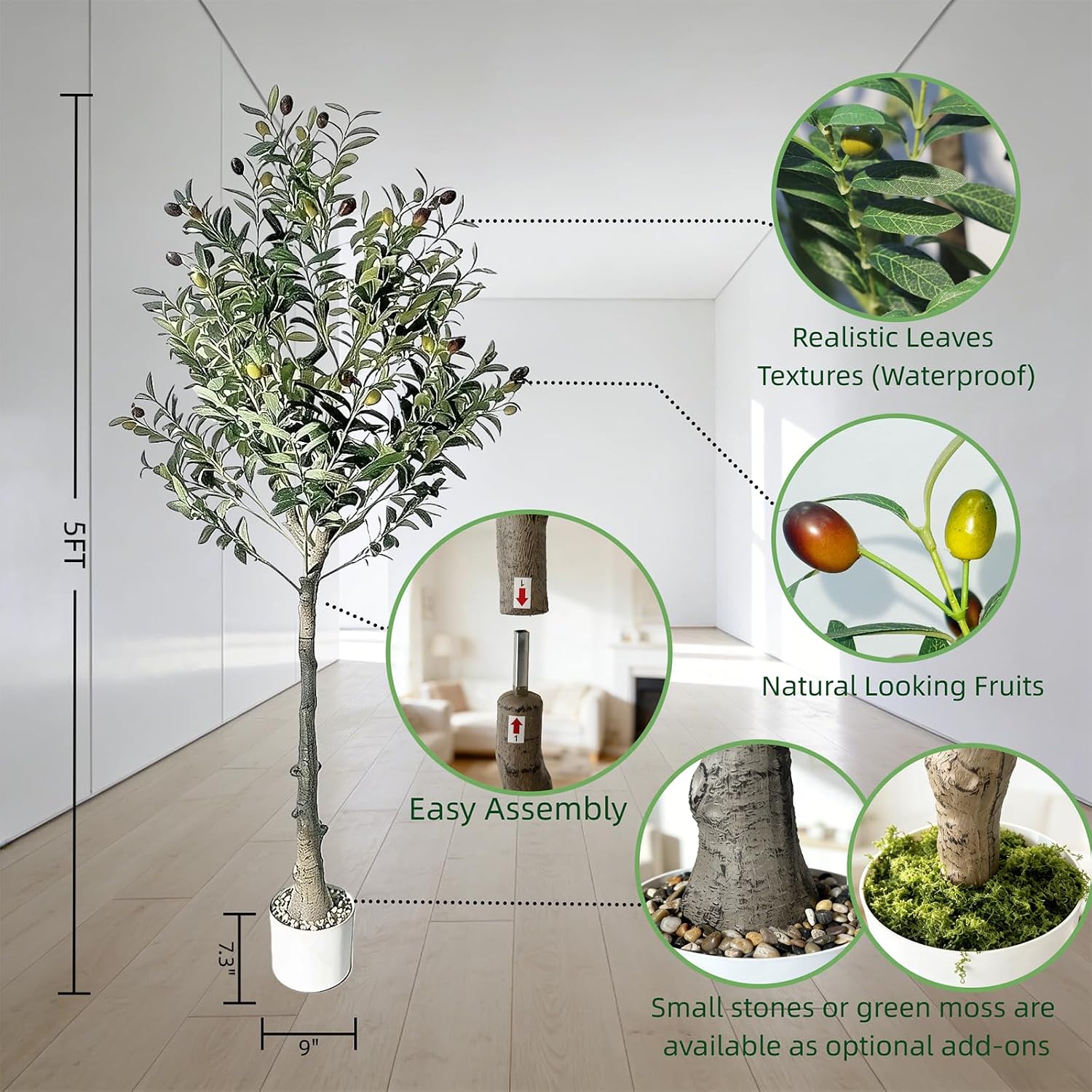 5FT Artificial Olive Tree, Faux Olive Tree with Realistic Leaves & Olives, Potted Fake Olive Tree for Home Decor, Indoor Modern Boho Decor