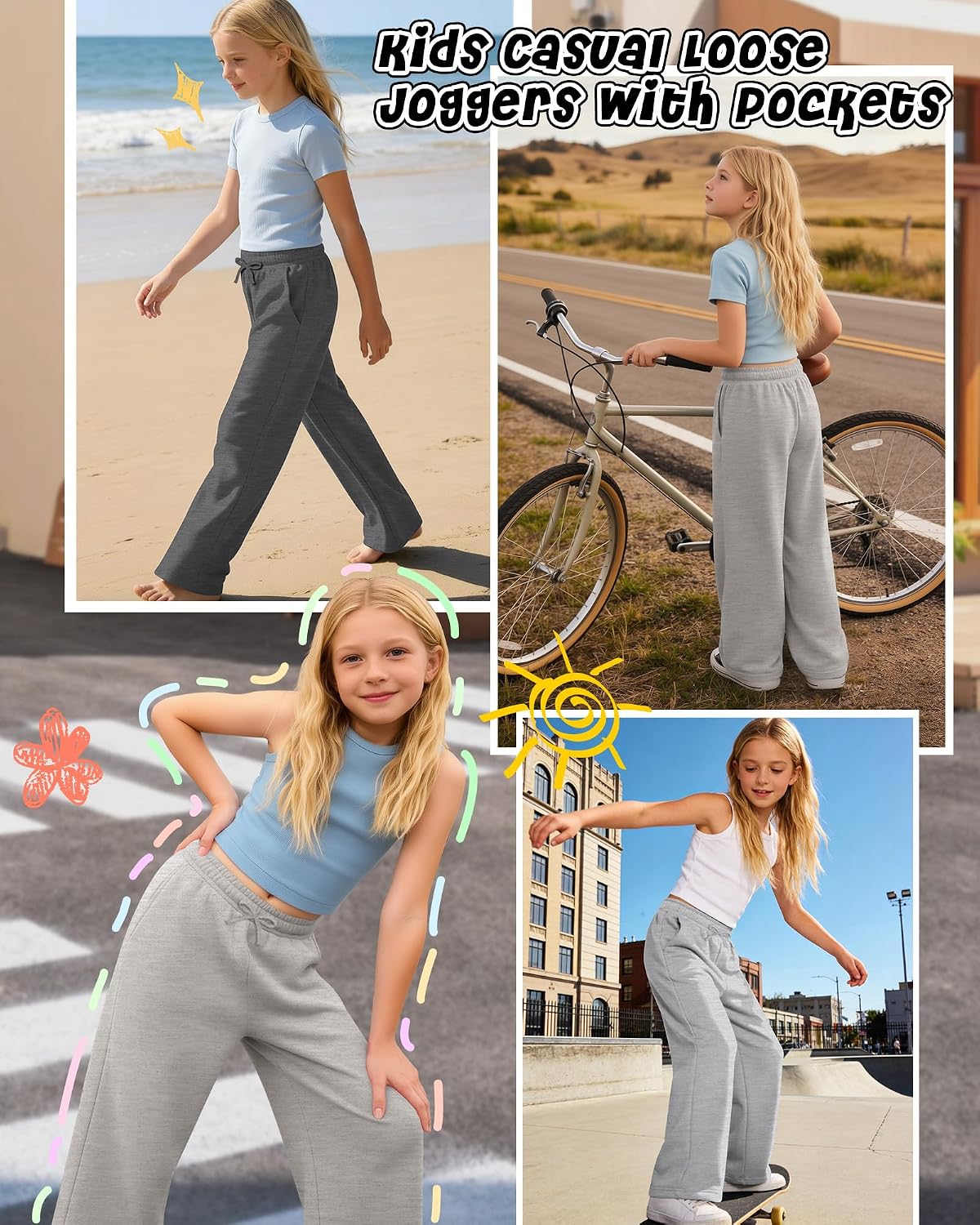 3 Pack Girls Sweatpants Back to School Wide Leg Pants Kids Casual Loose Joggers with Pockets 5-14 Years