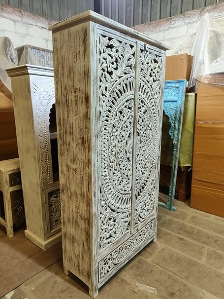 Nazar Art & Craft Solid Mango Wooden Hand Carving Wardrobe with Shelf Storage & Drawer for Living Room, Bedroom, Hotel & Home, White Distress, (d100 x w40 x h1200cm)