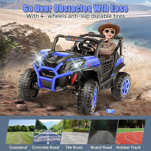 Miniatura 5 de Hikole vehículo de juguete de 24 voltios con motor potente de 4x200W, control remoto, 4WD/2WD de 2 plazas todoterreno para niños UTV, velocidad Azul