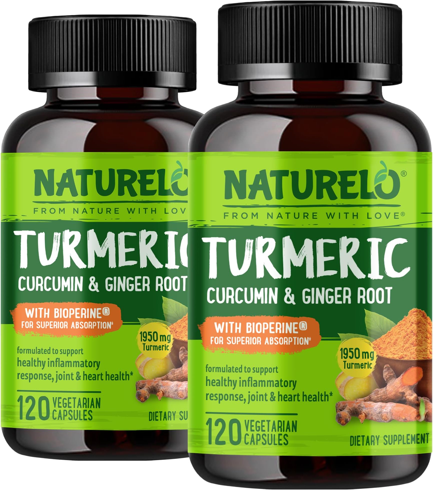 Organic Turmeric Curcumin - BioPerine for Better Absorption - Curcuminoids, Black Pepper, Ginger Powder - Natural Relief for Stiff, Sore Joints - 240 Vegan Capsules