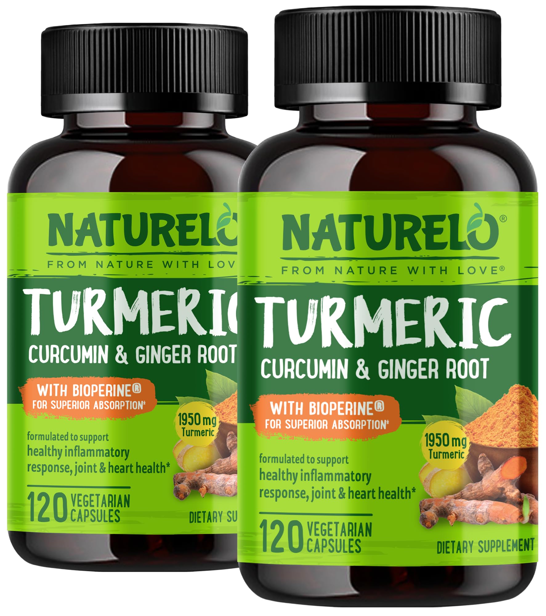 NATURELOOrganic Turmeric Curcumin - BioPerine for Better Absorption - Curcuminoids, Black Pepper, Ginger Powder - Natural Relief for Stiff, Sore Joints - 240 Vegan Capsules
