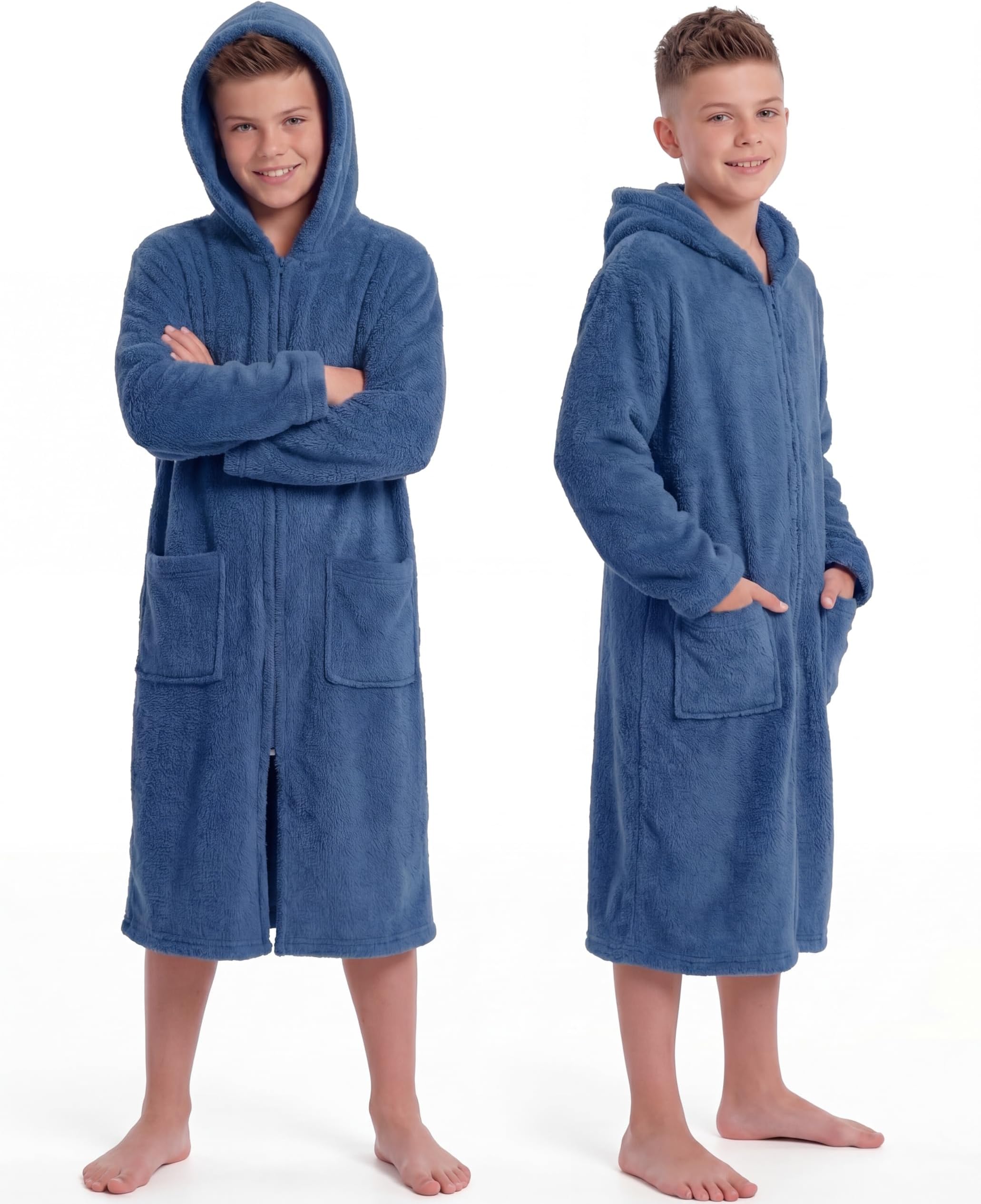 Cutecrop Kids Bath Hooded Towel Robe Soft Absorbent Swim Poncho Parka with Pocket Coral Fleece Zipper Towel Hoodie Beach Surf Change Robe Wearable Blanket for Boy Girl Pool Home Outerwear(Navy Blue)