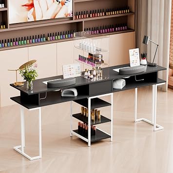 TABU Double Manicure Table,Large Nail Desk for Nail Tech with Acrylic Cabinet and Large Drawers, Beauty Salon Nail Workstation with Dust Collector and Wrist Cushion, Black