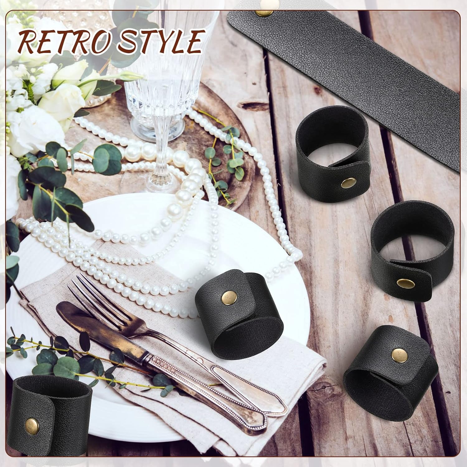 8 Pcs Thanksgiving Rustic Napkin Rings Handmade PU Faux Leather Napkin Ring Holder for Farmhouse Christmas Wedding Birthdays Receptions Table Decor Fall Banquets Decoration Party Gifts (Black) 8 Black