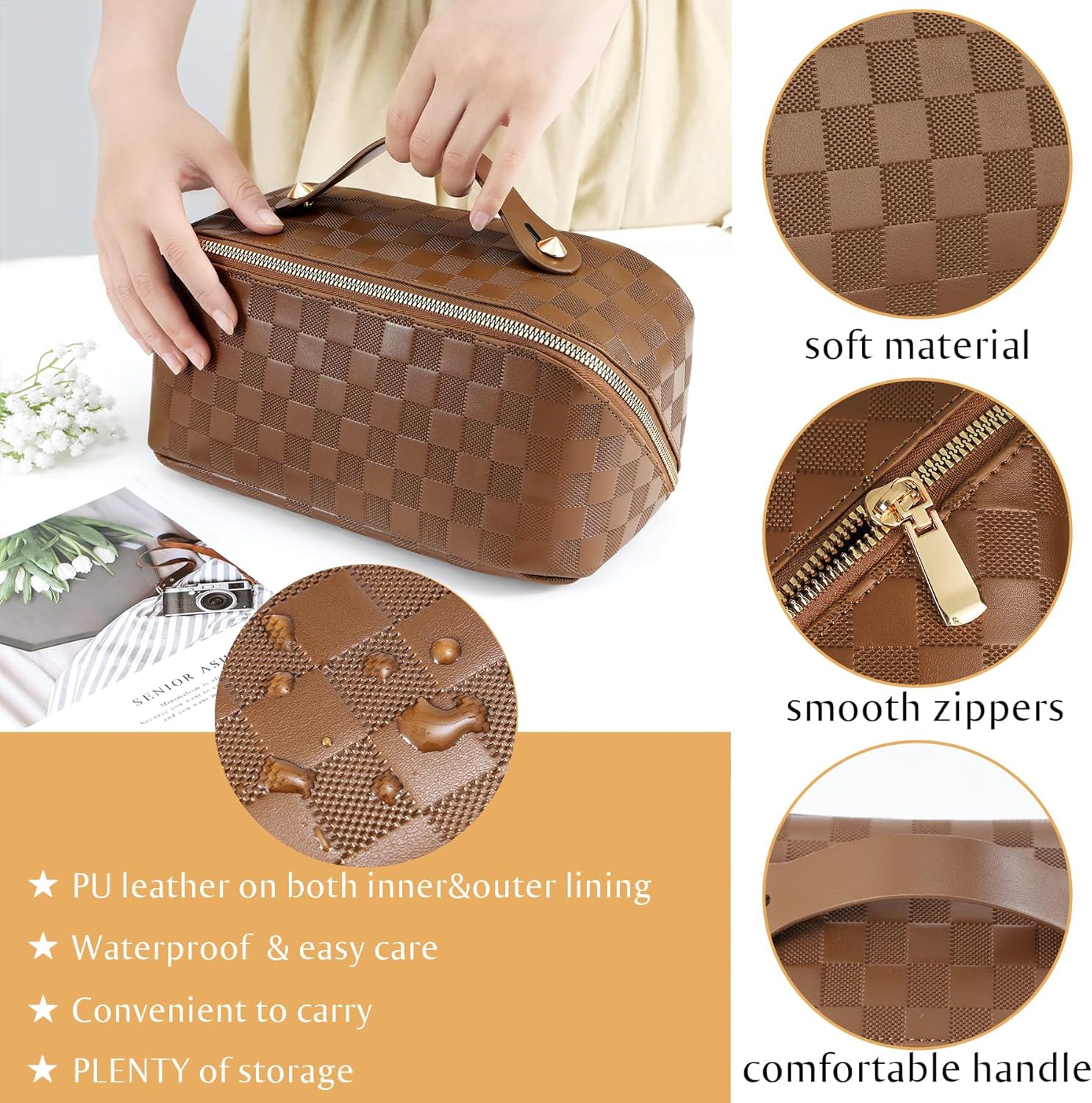 Checkered Travel Makeup Bags Cosmetic Organizer Bag: 2-Set Large Capacity Waterproof Makeup Bag - PU Leather Toiletry Bag for Women - Wide Open Portable Pouch with Handle and Divider (BROWN) - Image 5