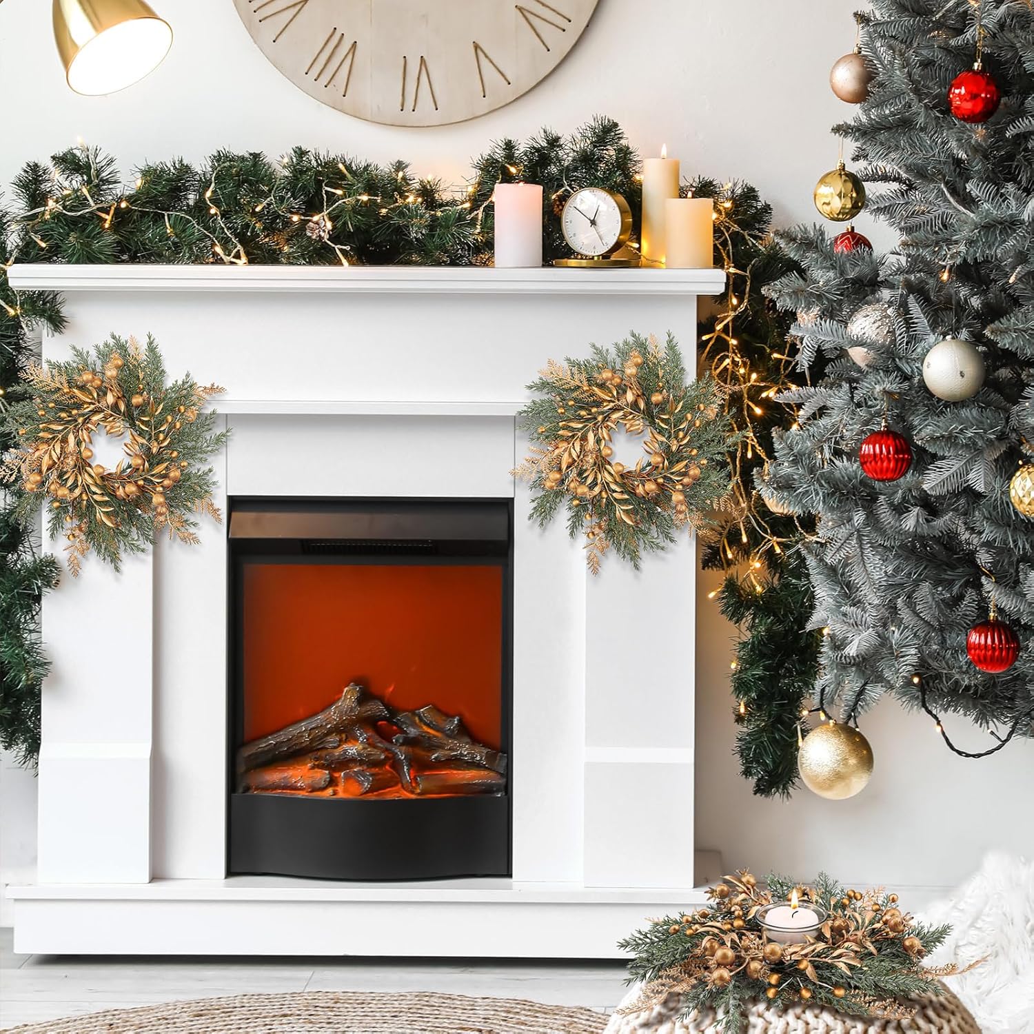 Cindeer 6 Pcs Small Christmas Candle Rings Wreaths 8.4 Inch Christmas Kitchen Cabinet Gold Wreaths Artificial Berry Garland Pillar Candle Rings for Centerpiece Table Decorations