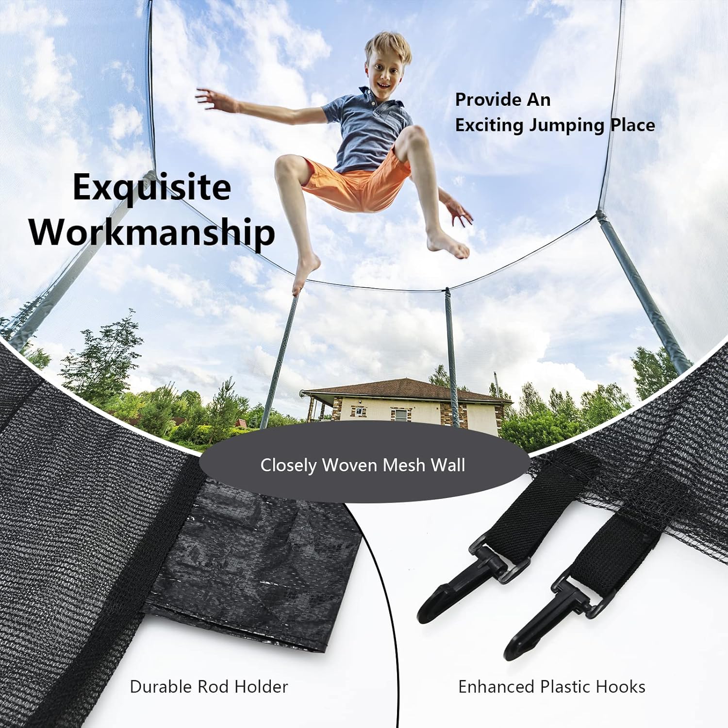 KOTEK Trampoline Net, 8FT 10FT 12FT 14FT 15FT 16FT Trampoline Enclosure for Straight Poles, Weather Resistant Trampoline Netting Replacement with Double-Headed Zipper & Protection Buckles, Net Only