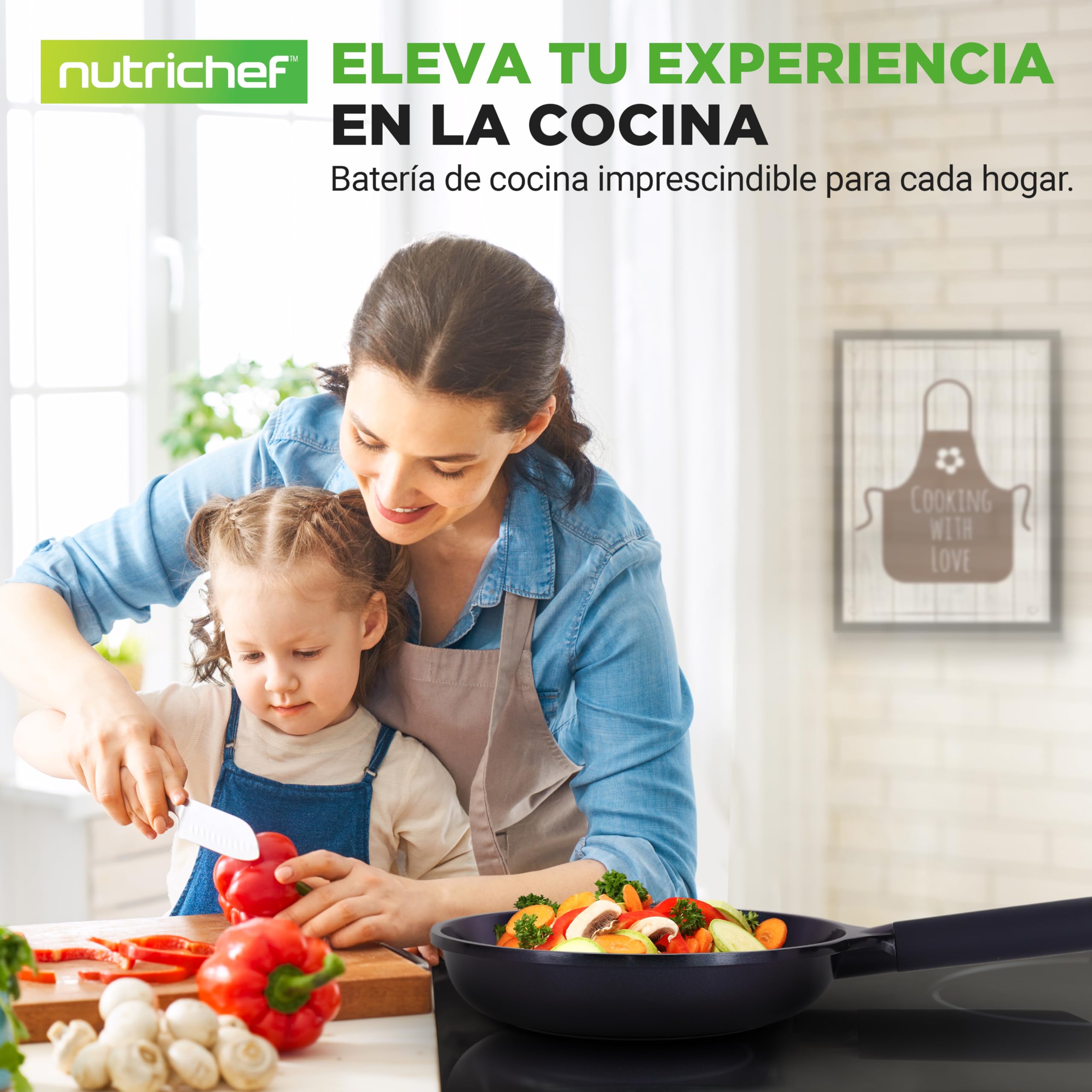 Nutrichef sartenes antiadherentes, Para grill, Freír y Pescado, Wok, 5 piezas, Recubrimiento ceramico, Compatibles con todo tipo de cocinas, Faciles de limpiar