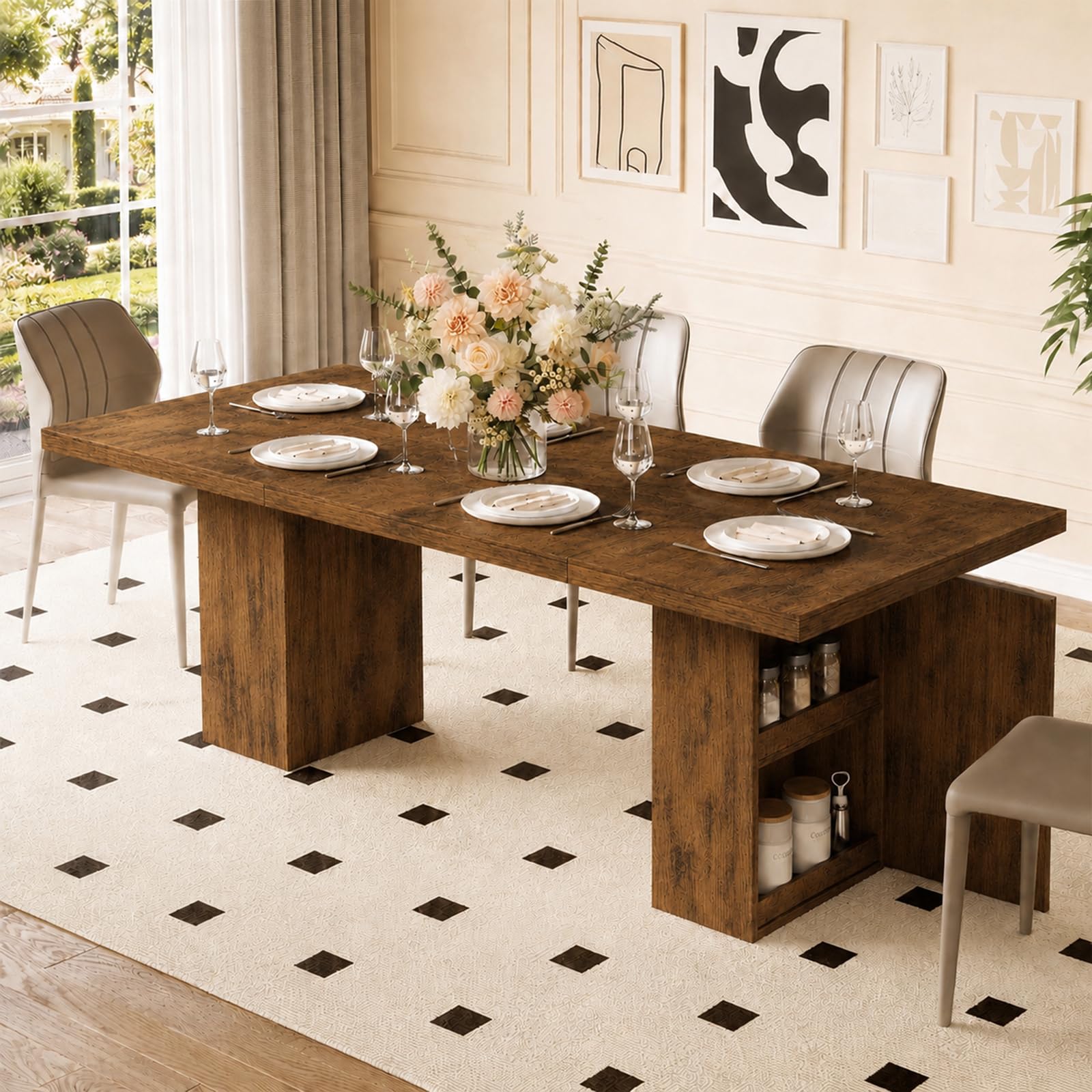 Mesa de Comedor de Madera para 4-12 Personas, Mesa Rectangular para Cocina y Comedor con Armarios de Almacenamiento Integrados, Mesa Moderna Efecto Roble para Salón, Oficina y Apartamento