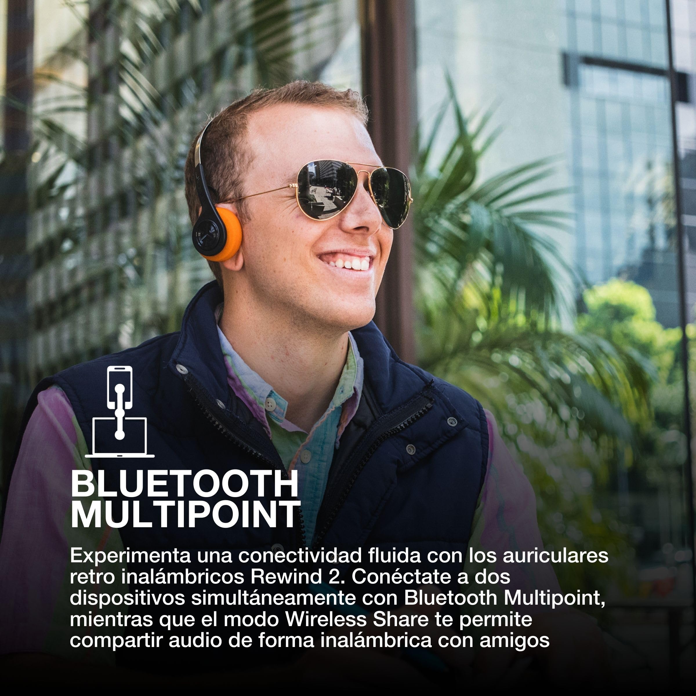 JLab Auriculares Retro, Auriculares Inalámbricos Rewind 2: con Controles de Aplicación Personalizados, Más de 20 Horas de Reproducción Bluetooth, Livianos y Vintage con Mic
