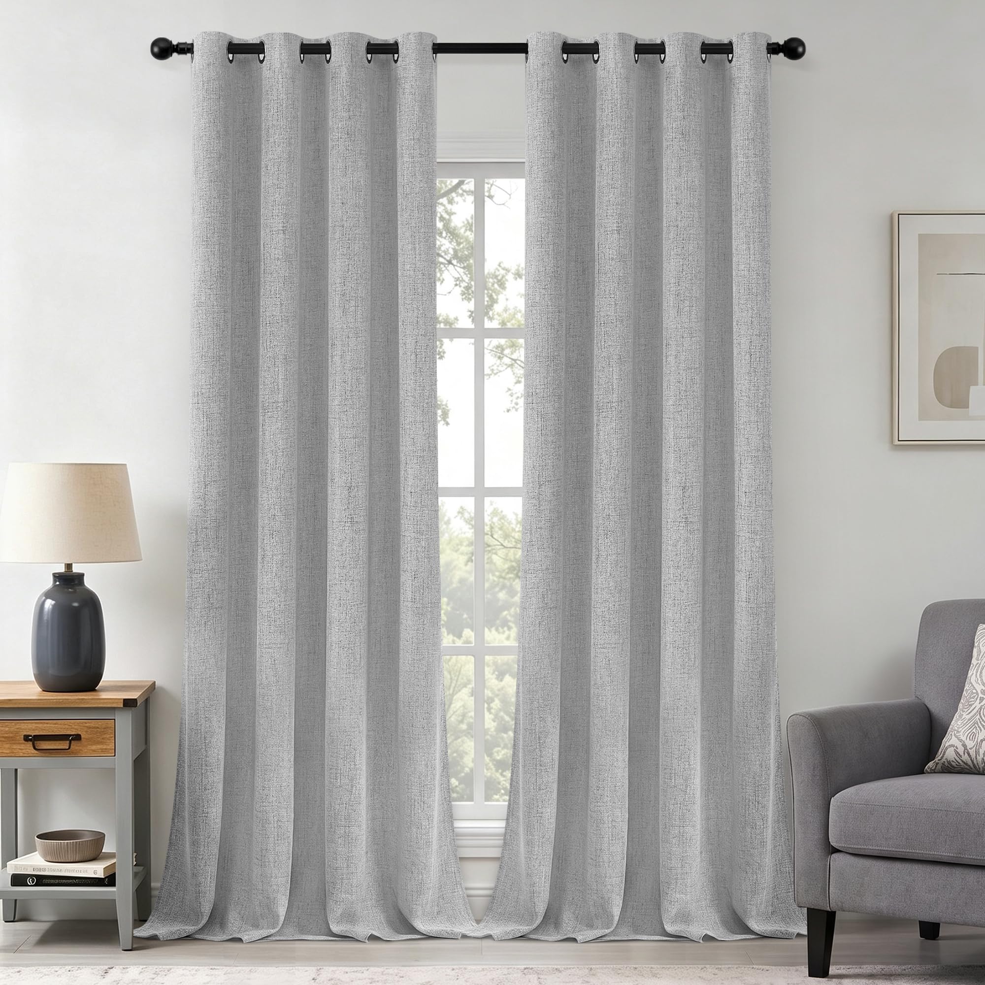 XiDi Grey Eyelet Curtains 100% Blackout 52 x 96 Faux Linen Thermal Insulated Room Darkening Drapes with Coating 2 Panels