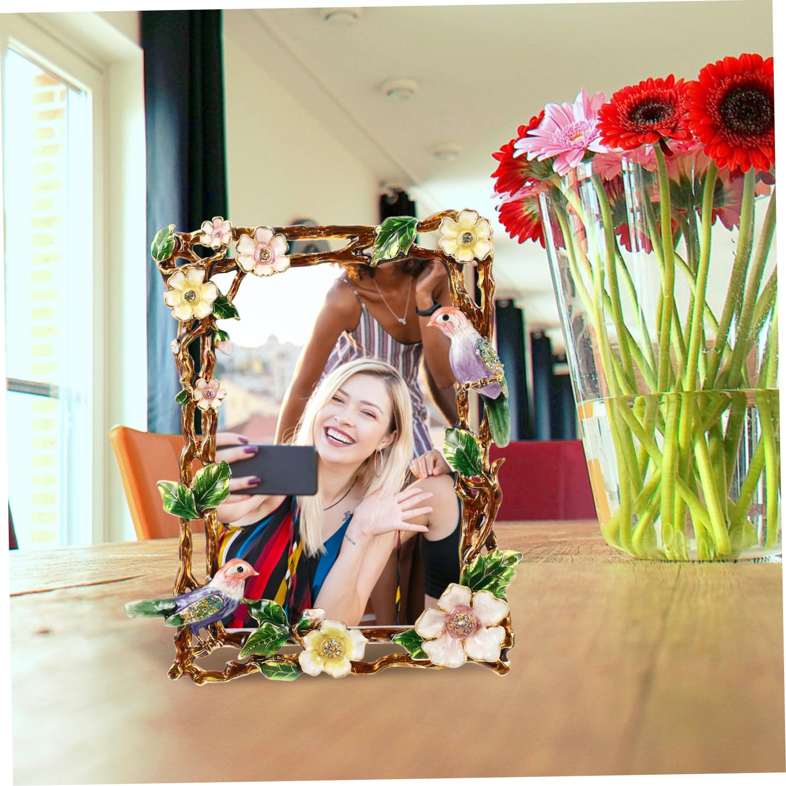 Europäischer Zinklegierungs Fotorahmen mit Emaille Blumen und Vogelmotiv Sicher und Langlebig als Dekoration für Küche und Schlafzimmer