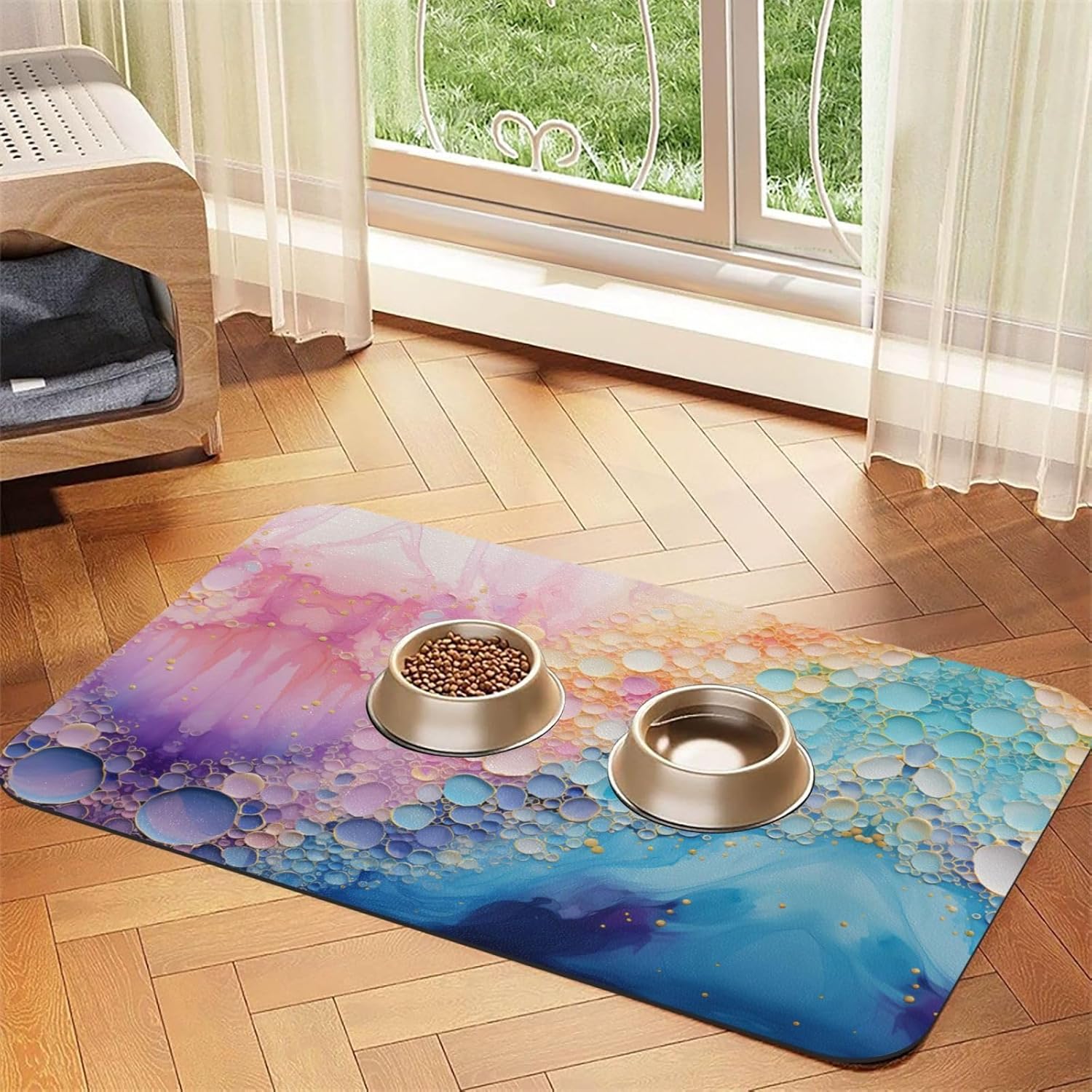 40x60cm Pet Absorbent Feeding Mat - Colorful Blue Marble Print Leather Non-Slip Placemat, for Dog Cat Food and Water Bowl Pads