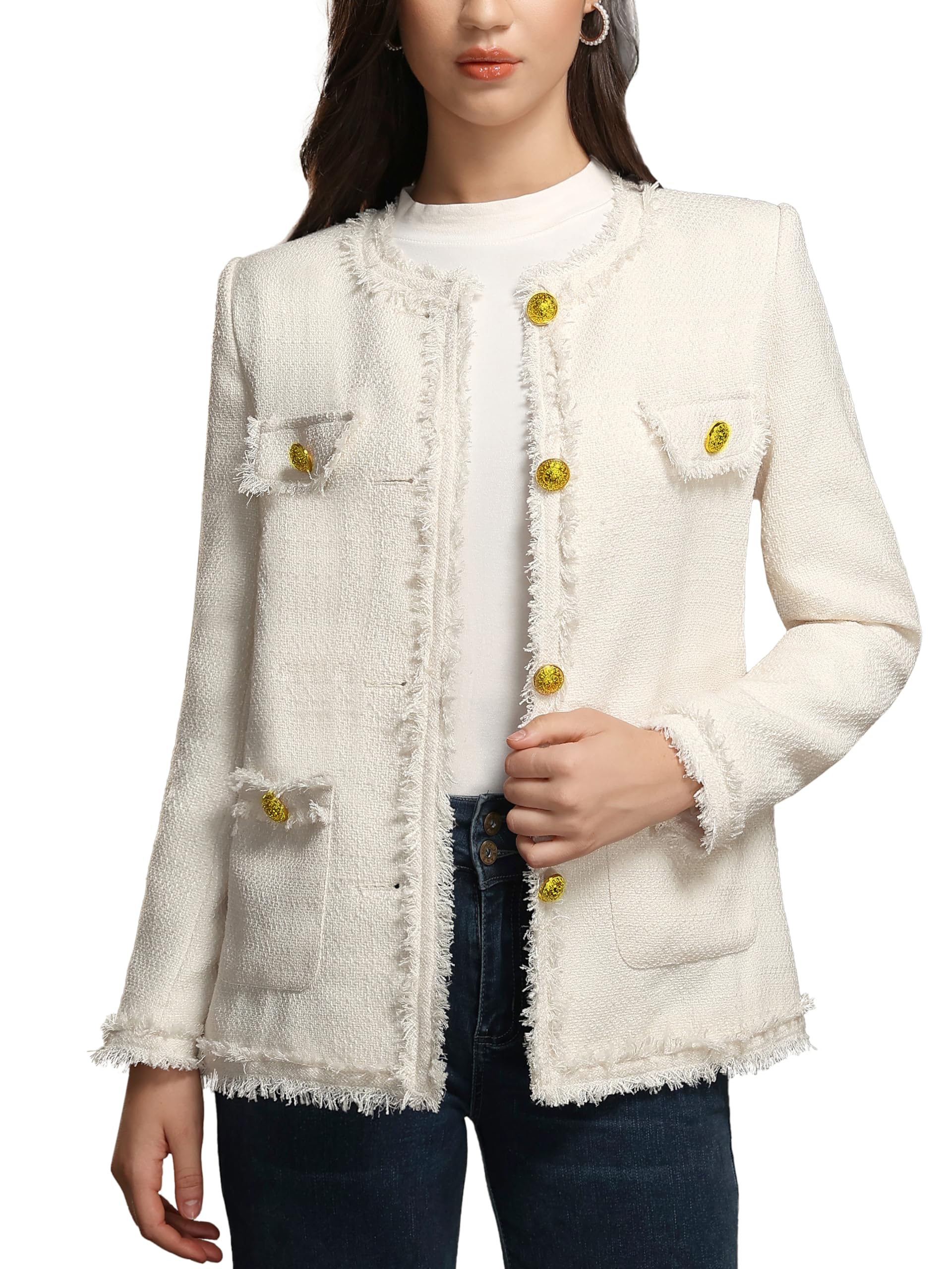 Women’s Tweed Blazer Jackets with Pockets, Long Sleeve Open Front Crewneck Collarless Elegant Casual Cardigan-image-29