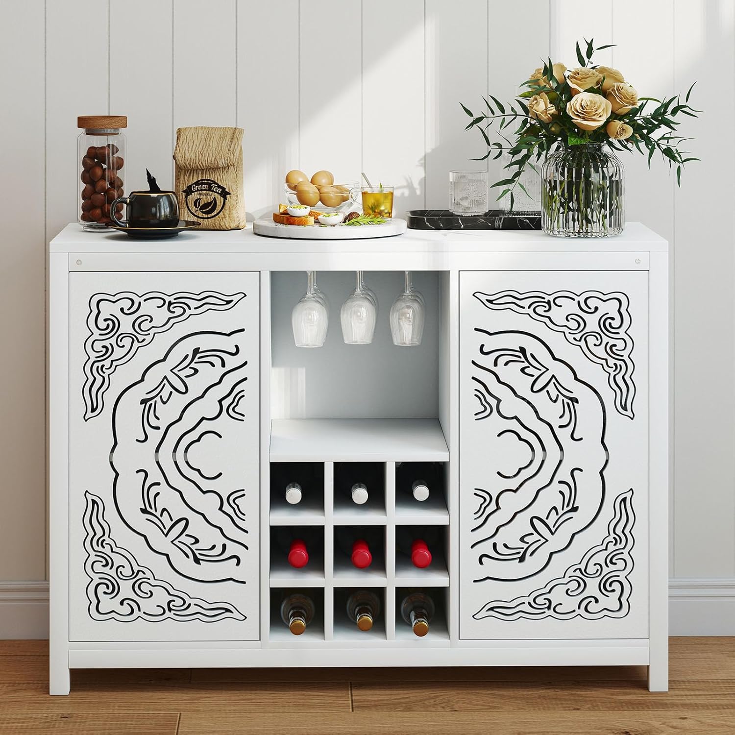 Luqeeg Wine Bar Cabinet with 2 Doors, Living Dining Room Kitchen Decor Cabinet with 9 Slot Wine Rack and Glass Holder for Coffee Bar, Storage Console Table, TV Stand (White)