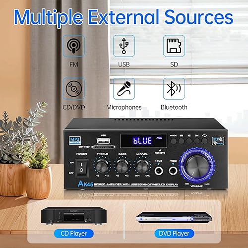 Miniatura 2 de AK45 Amplificador estéreo receptor Bluetooth 5.0 amplificador de potencia 2 canales 300W amplificador de audio para el hogar con USBtarjeta