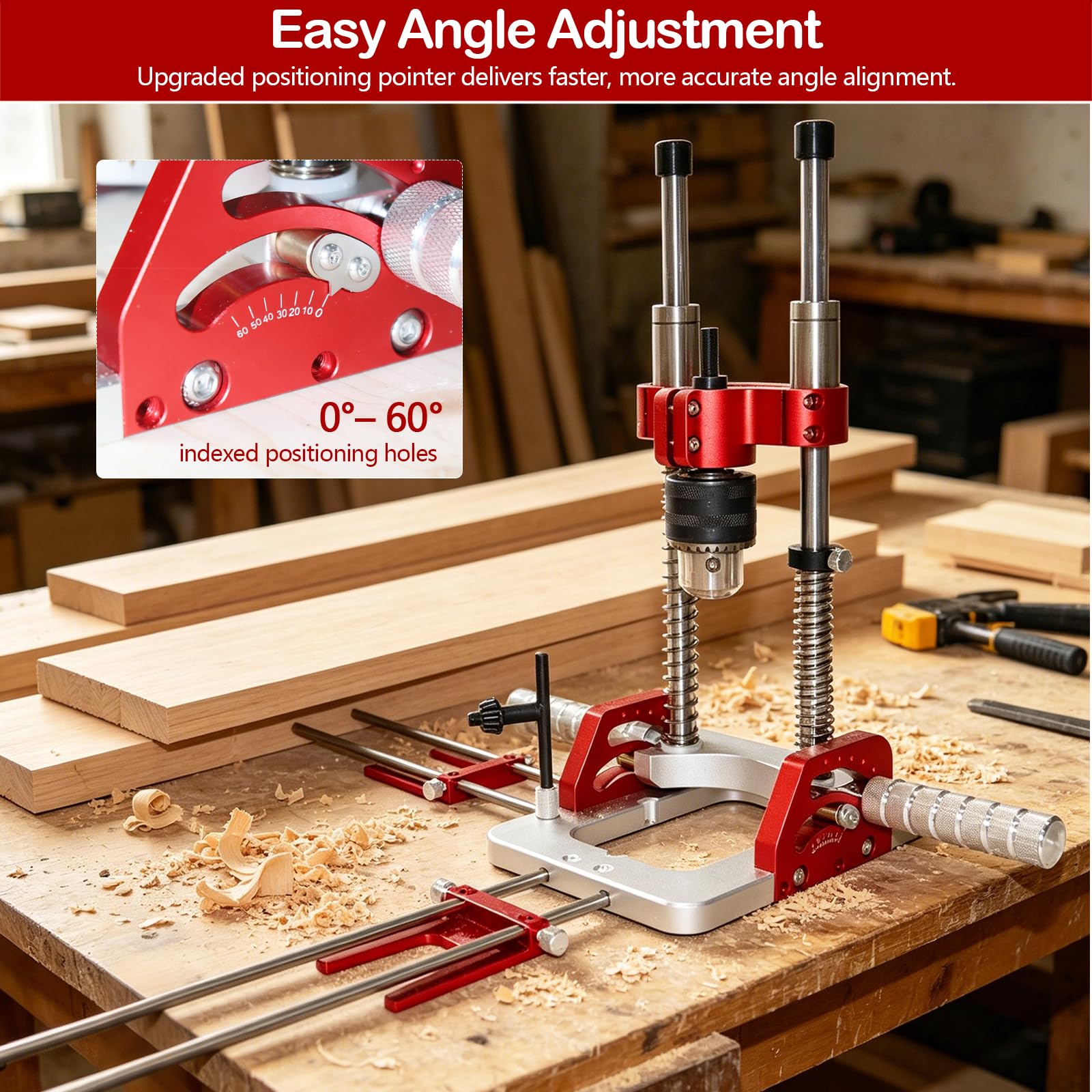 Supporto Trapano Upgrade con Mandrino, Guida Angolare 0–60° per Trapani Portatili, Autocentrante, Capacità Serraggio 1,5–13 mm, con Indicatore a Lancetta, Boccole in Ottone per Forature di Precisione
