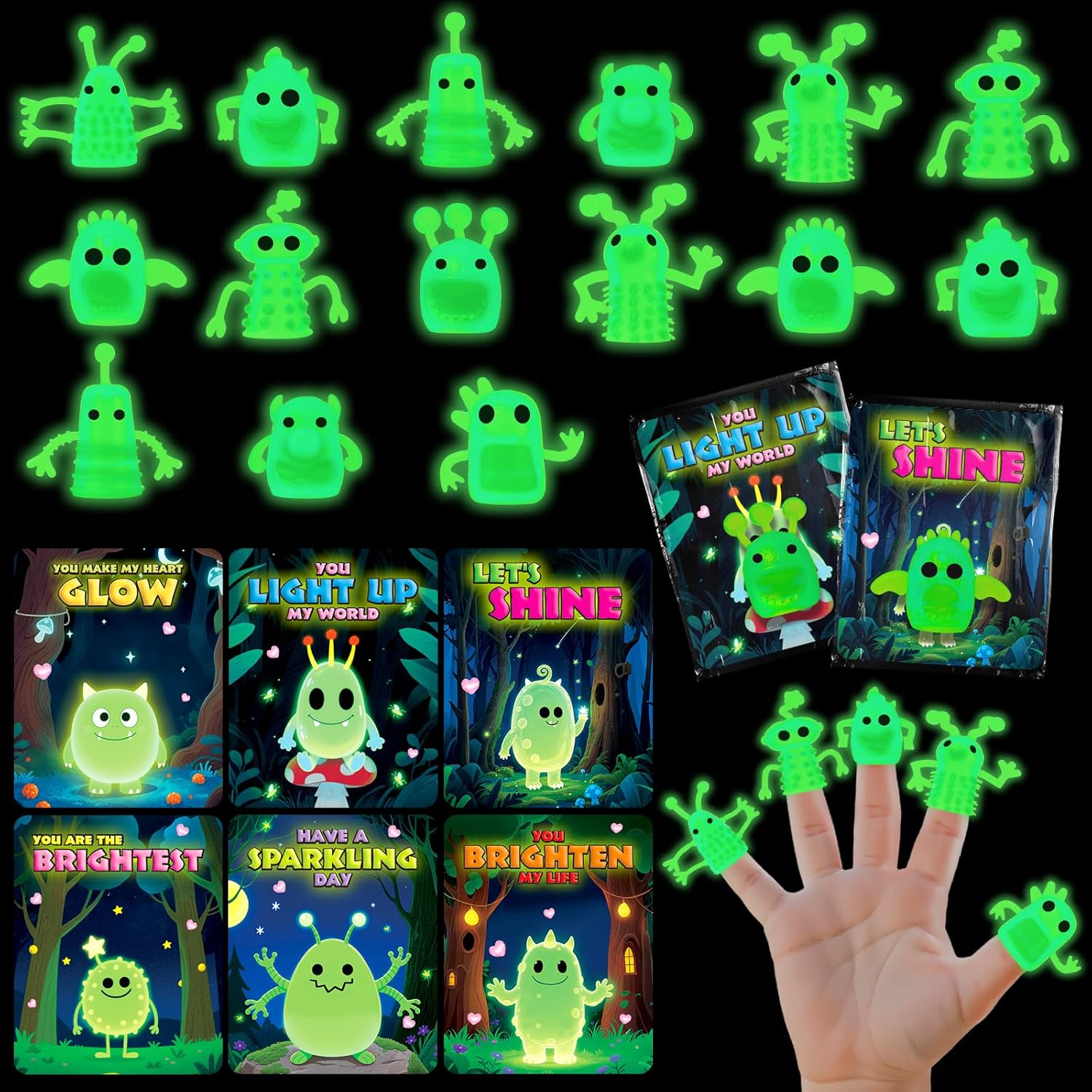 36 Packs Valentines Day Cards for Kids with Glow in The Dark Monster Finger Puppets, Valentines Day Gifts for Kids, Valentines Cards for School Classroom Exchange, Valentines Party Favors Prizes