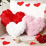 3 Pcs Valentines Heart Pillows Red Pink White Heart Holiday Hoom Decor Throw Pillows for Bed Couch Cute Faux Rabbit Fur Jacquard Valentines Decorations for Bedroom Living Room Sofa