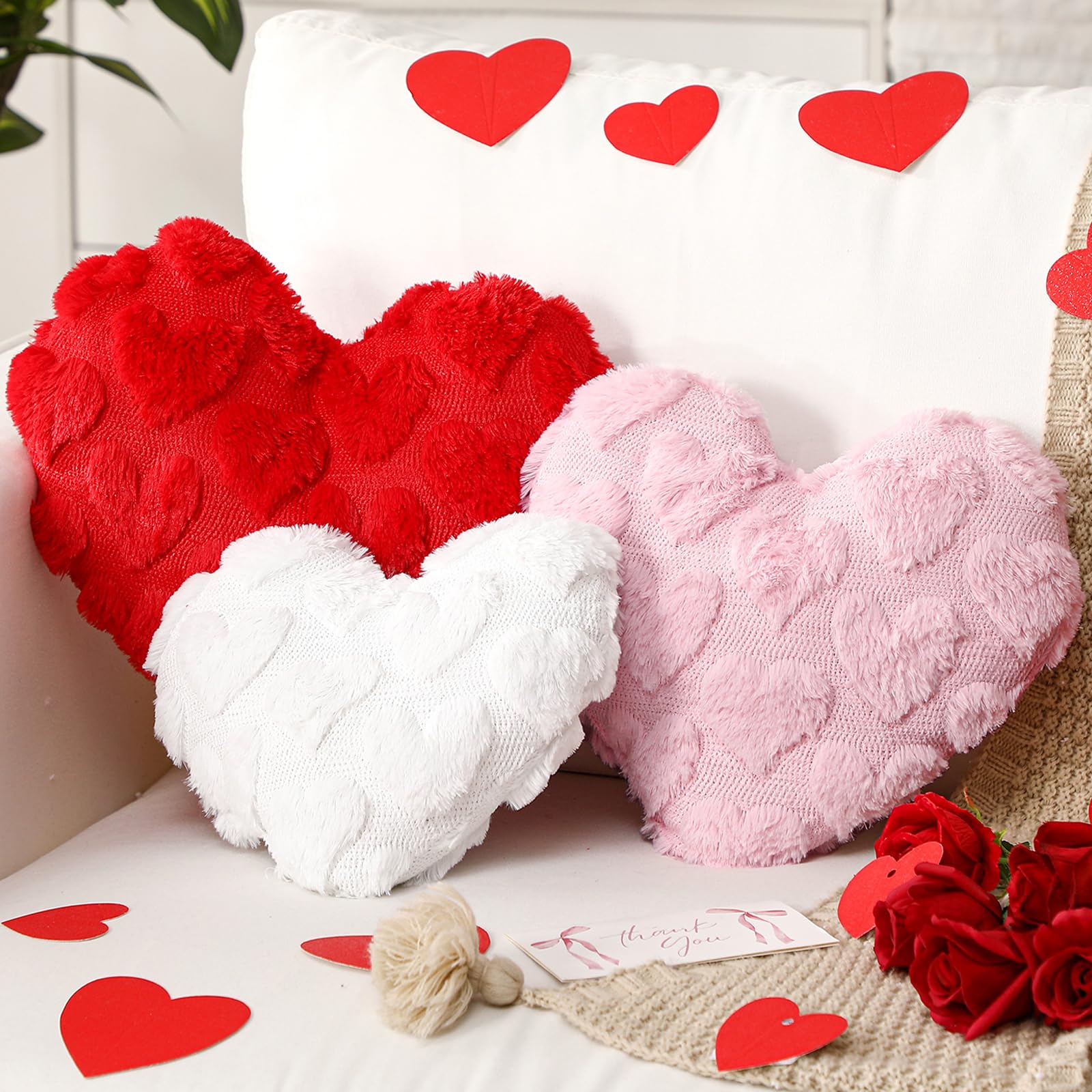 Photo 1 of ****3 PCS *****Beeveer 3 Pcs Galentines Valentines Heart Pillows 11-14 Inch Valentine's Day Red Pink and White Heart Shaped Gifts Jacquard Throw Pillows for Valentines Decor Galentines Wedding Couch Sofa Bed Home