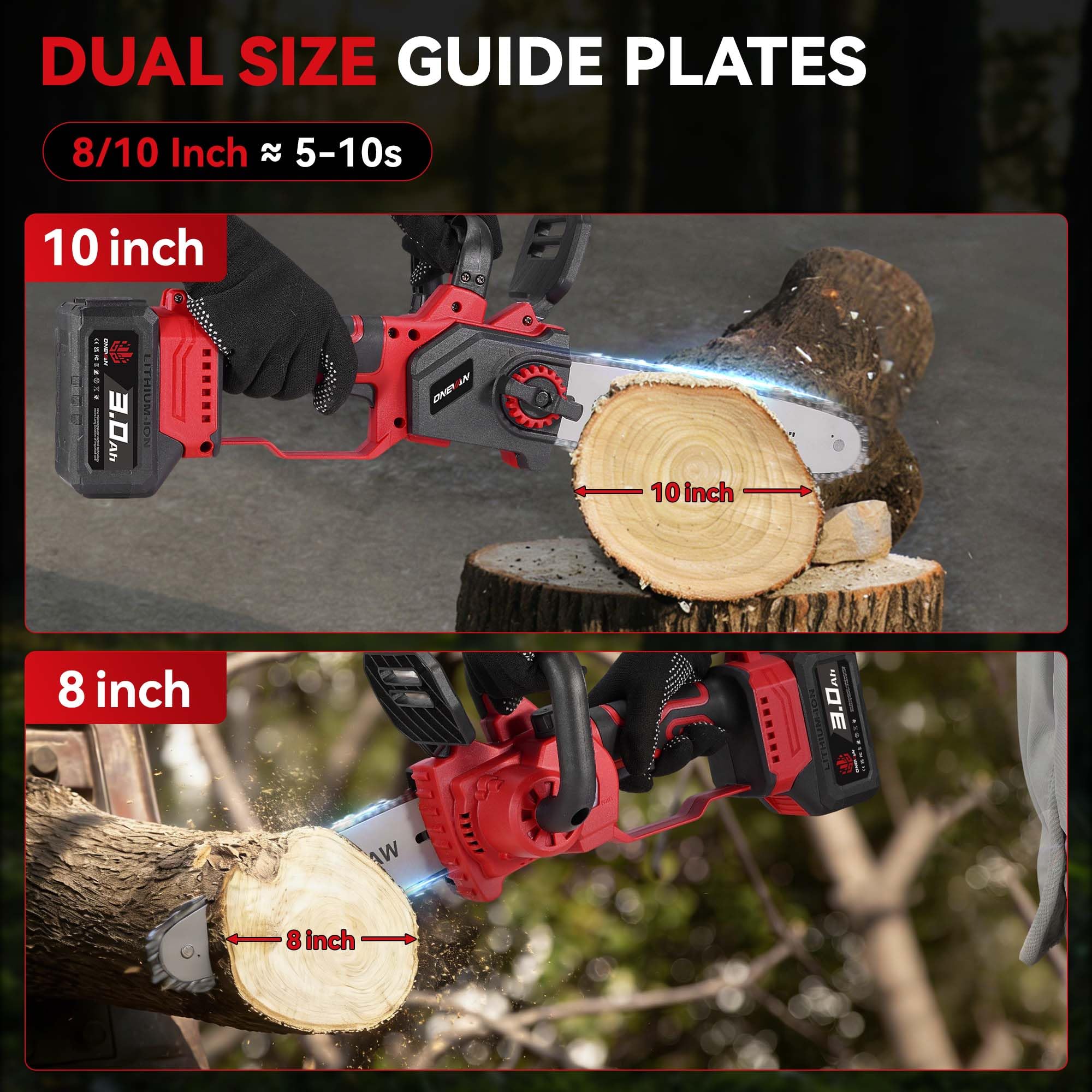 ONEVAN Motosierra inalámbrica, 8 y 10 pulgadas, lubricación automática | Con 2x 3.0Ah baterías, diámetro de corte 20 cm, velocidad de corte 10m/s, sustitución de la espada sin herramientas