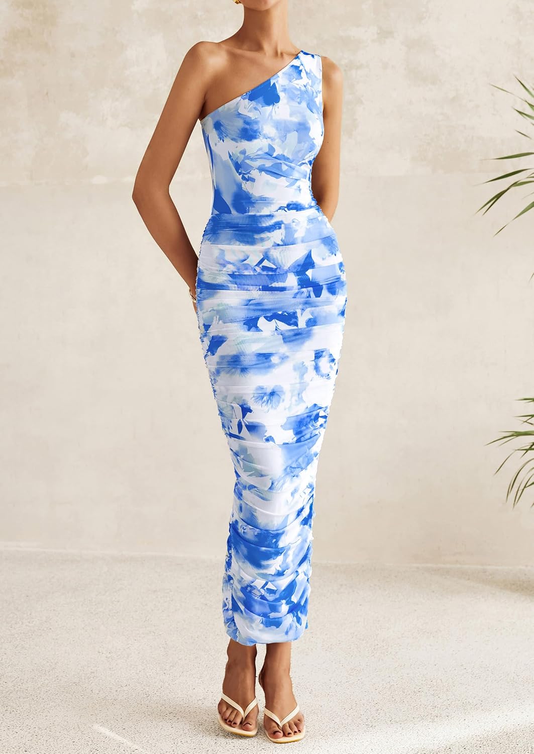 PRETTYGARDEN Women's One Shoulder Bodycon Dresses Summer 2026 Ruched Floral Beach Cocktail Wedding Guest Dress - Image 4