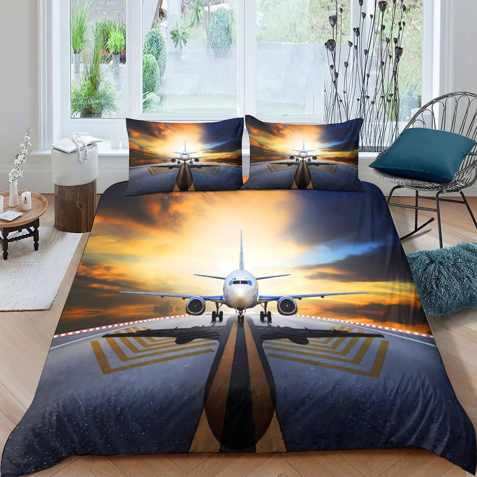Ctjqhvkz Style-3 3D Printed Sunset Runway Fitted Sheet Microfiber Anti-Slip Airplane Bed Cover For Bedroom Guest Room Easy Care Decor Single（135X200cm）