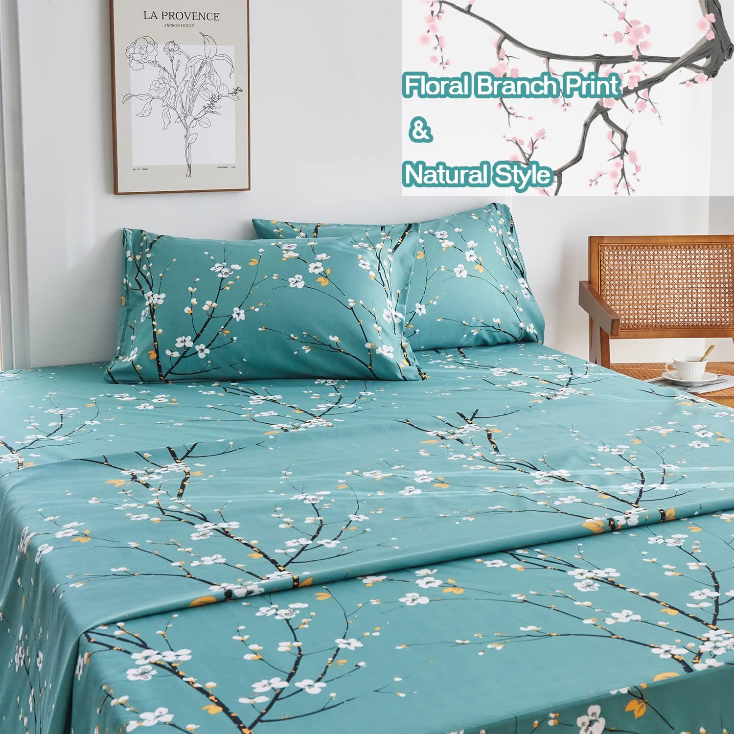 ZRNBAST Teal Sheet Set 4 Pcs Full Sheet Set Floral Print Flat Sheet Fitted Sheet Farmhouse Shabby Bedding Sheets Easy Fit Microfiber Sheets-All Seasons (Teal, Full) - Image 3