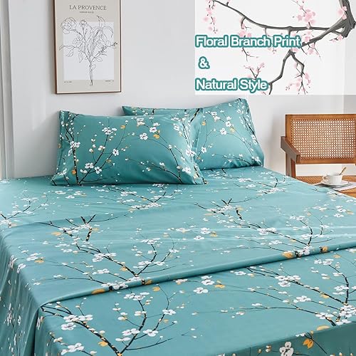Miniatura 10 de ZRNBAST Juego de sábanas de tamaño Queen color rosa, juego de sábanas de 4 piezas con bolsillo profundo, estampado de ramas florales, juego de