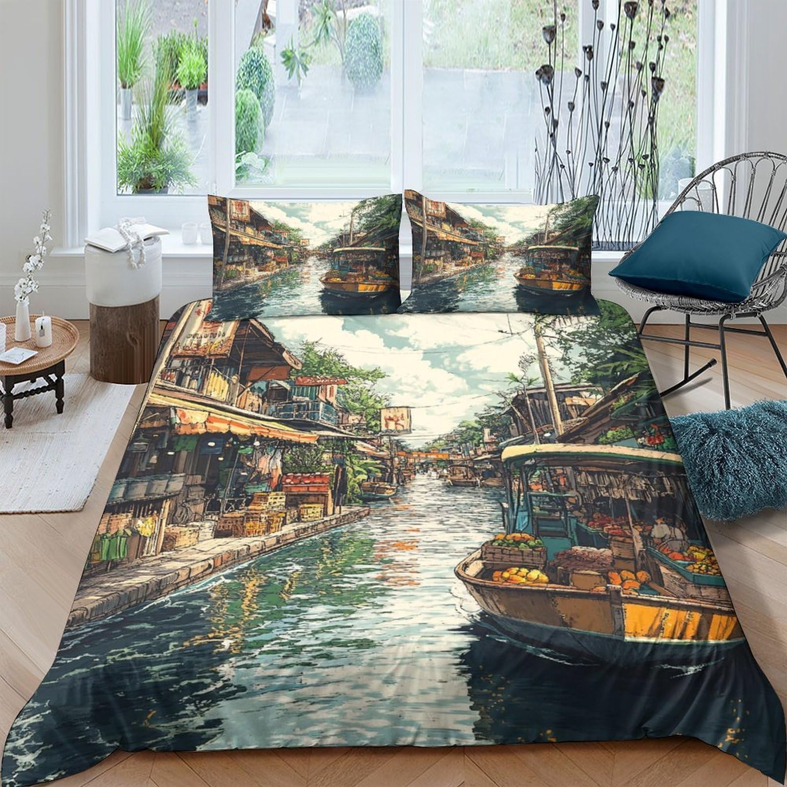 Ctjqhvkz Style-5 3D Printed Canal Scenery Fitted Sheet Microfiber Soft Watercolor Village Bed Cover For Bedroom Dorm Decor Single（135X200cm）