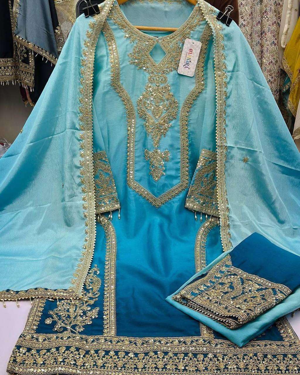 Prime aura Store Women's Chinon Silk Embroidery Straight Pakistani Salwar Suit and Dupatta (Aqua Blue-M) 3