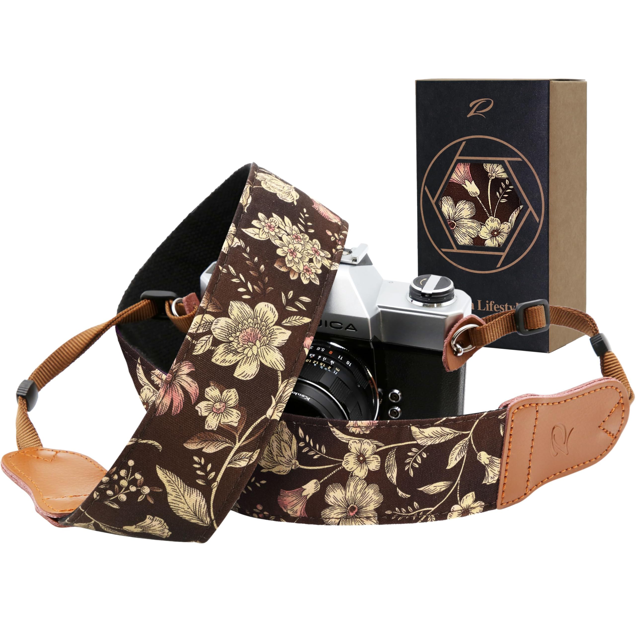 Padwa Lifestyle Japanese Brown Printed Floral Camera Strap - 2" Wide Double Layer Cowhide Head Camera Straps for Photographers, Universal Neck &amp; Shoulder Cotton Padded Vintage Strap for Cameras