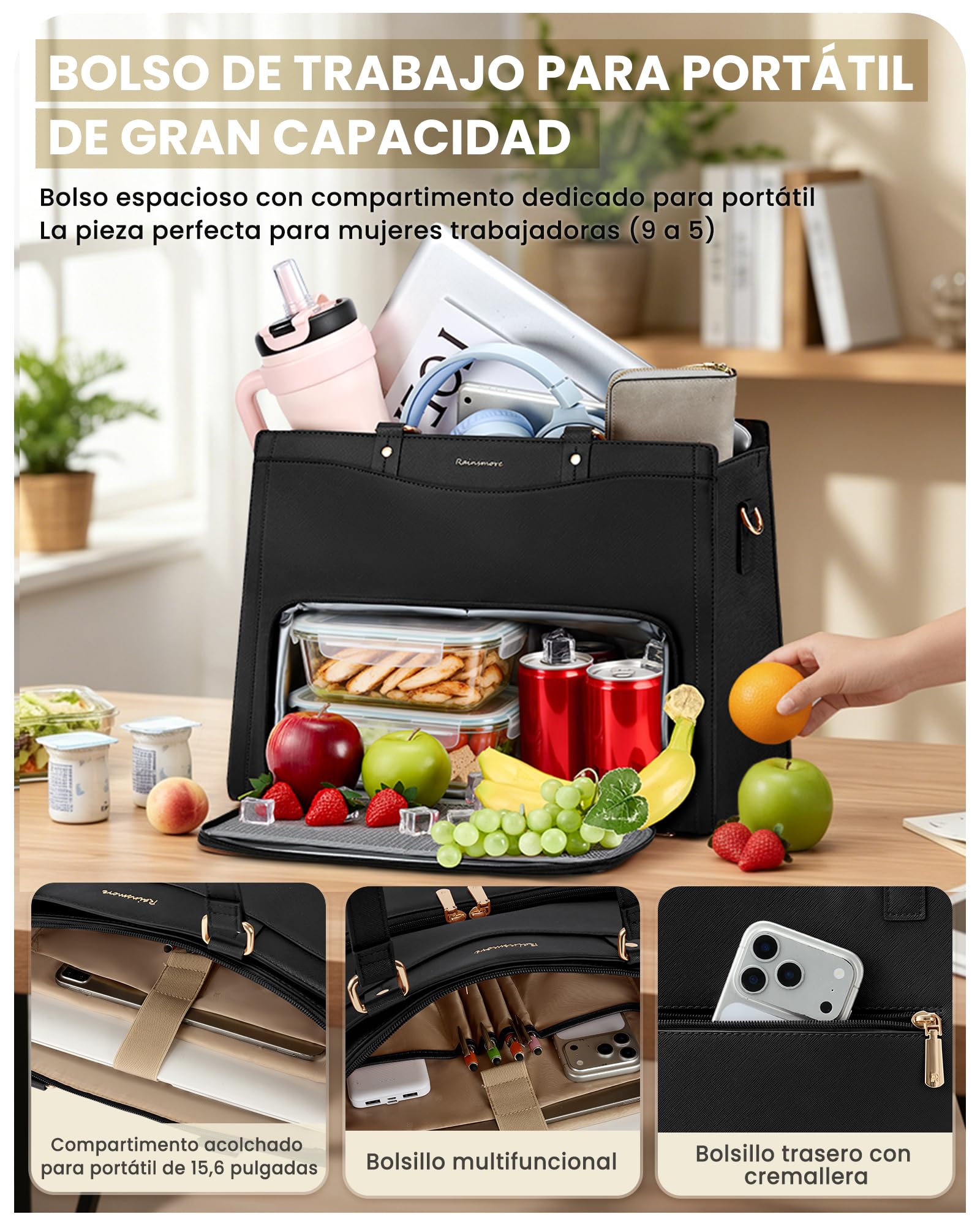 RAINSMORE Bolso Trabajo Mujer Ordenador Portátil de 15,6 pulgada con Nevera | Bolsa Profesora Maletín Maestra Grande Porta Alimentos para Oficina Universidad Shopper