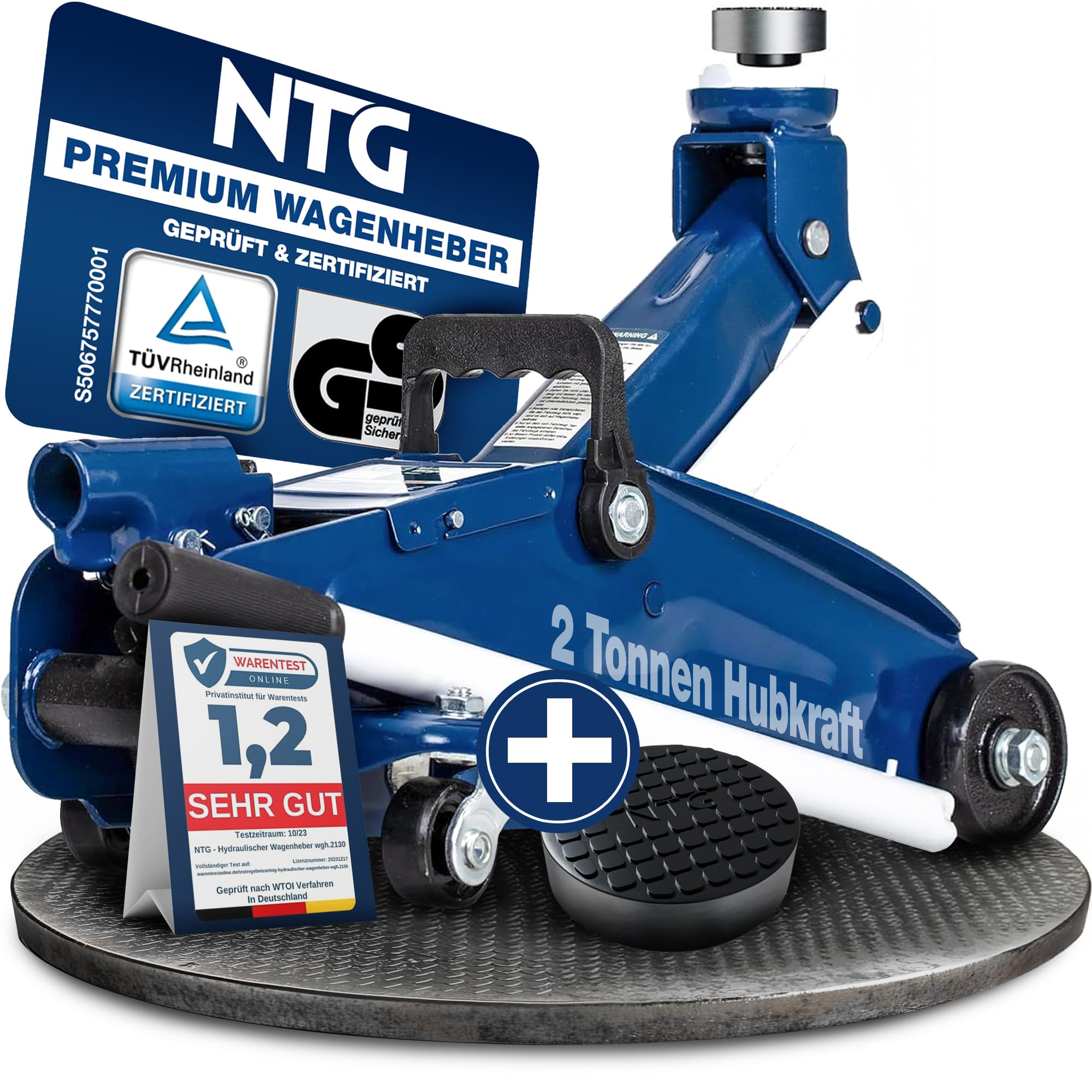 NTG - Gato hidráulico de 2 toneladas (2000 kg) con certificación TÜV con soporte de goma - Gato de acero resistente - Rango de elevación de 130 a 330 mm - para coche, SUV y taller
