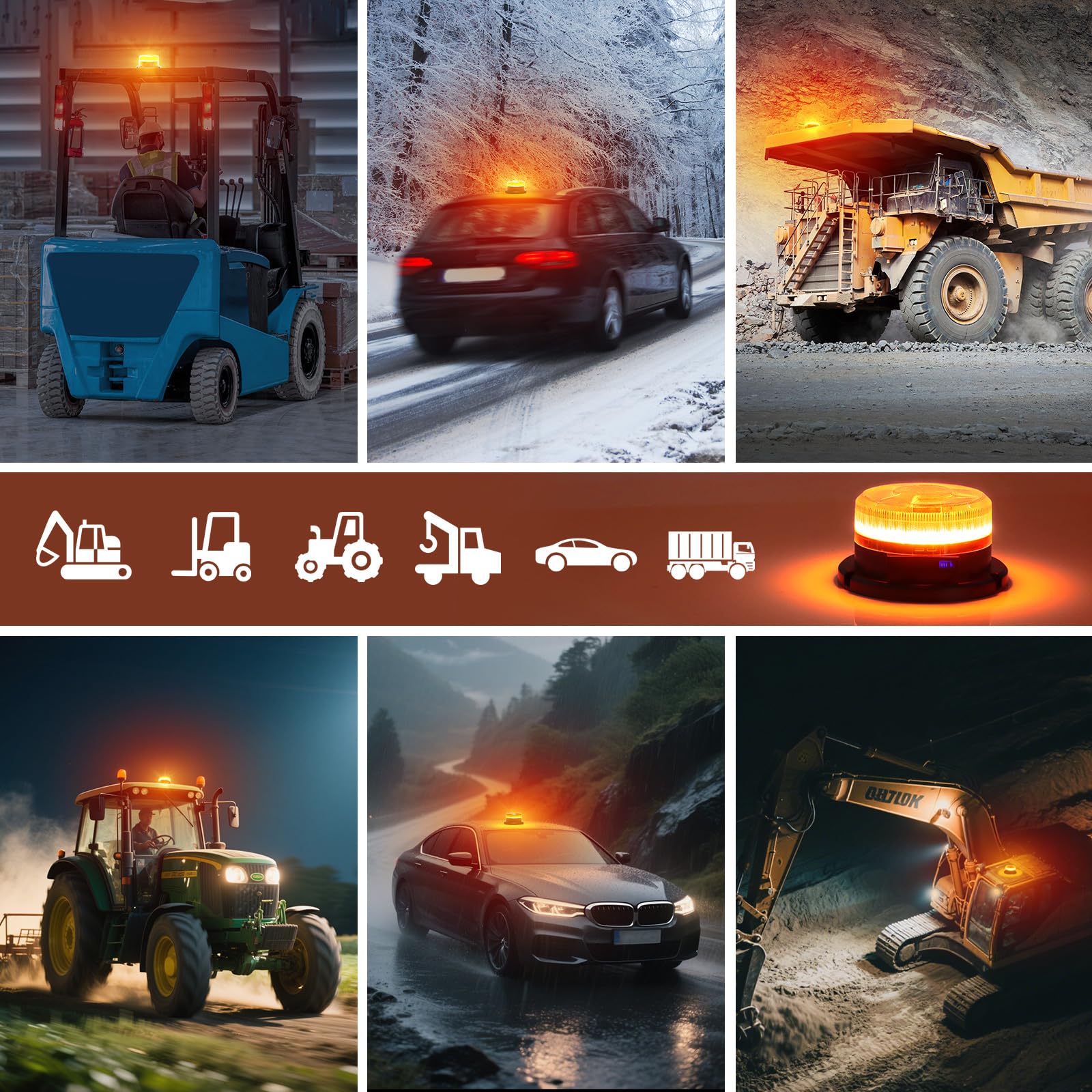 AnTom Lampeggiante Trattore LED Ricaricabile 12V 24V 9 Modalità di Lampeggio con Magneti, Luce di Avvertimento Gialla, Cavo di Ricarica Auto e USB con Indicatore Batteria per Auto, Trattore, SUV
