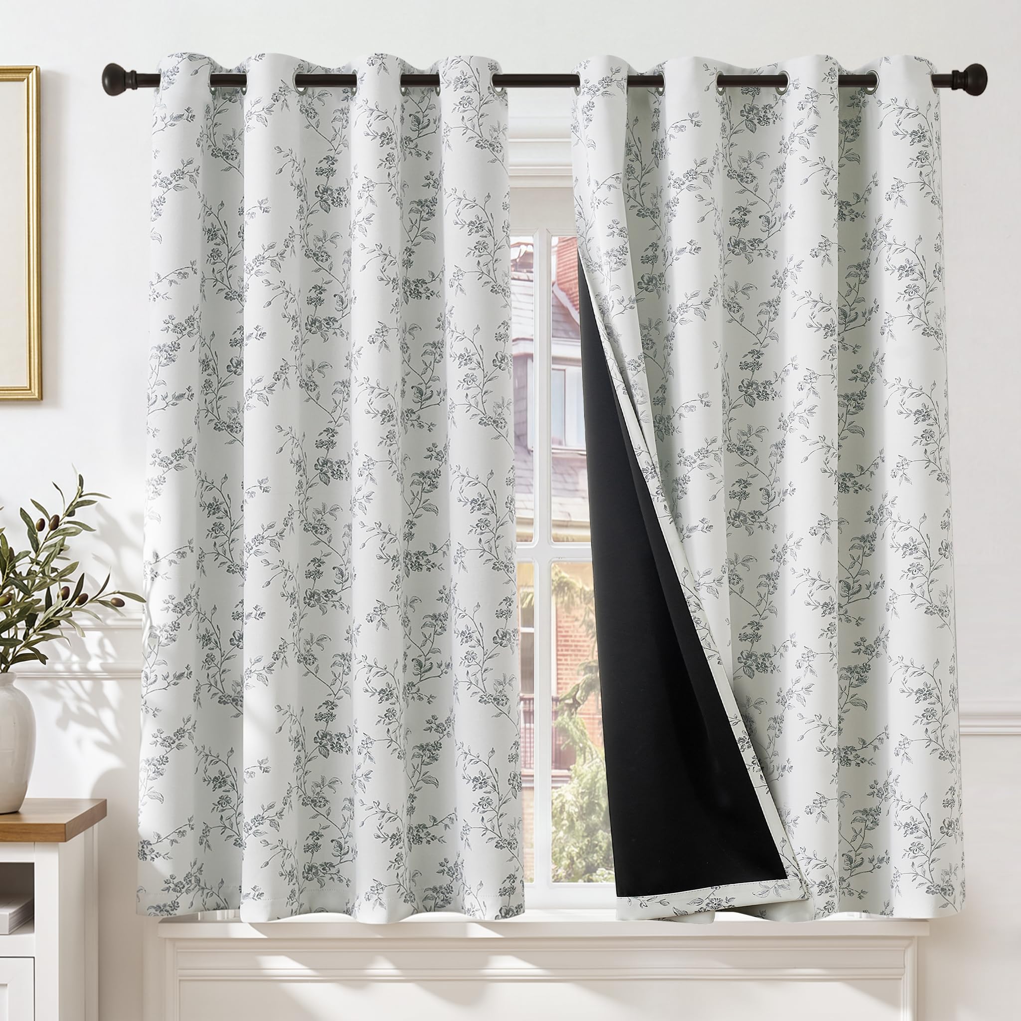 TOPICK Floral 100% Blackout Curtains for Bedroom Living Room W52xL54 Grey