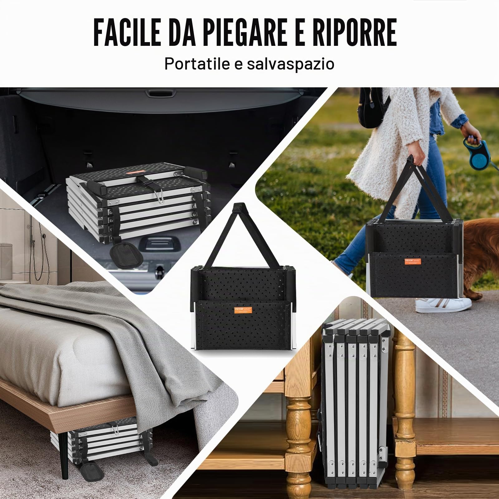 VEVOR Scala Gradini Larghi per Auto per Cani 5 Gradini, Rampa Pieghevole con Superficie Antiscivolo, Animali Domestici Gradini Portatili in Alluminio Leggero per SUV e Camion, Supporta Fino a 68 KG